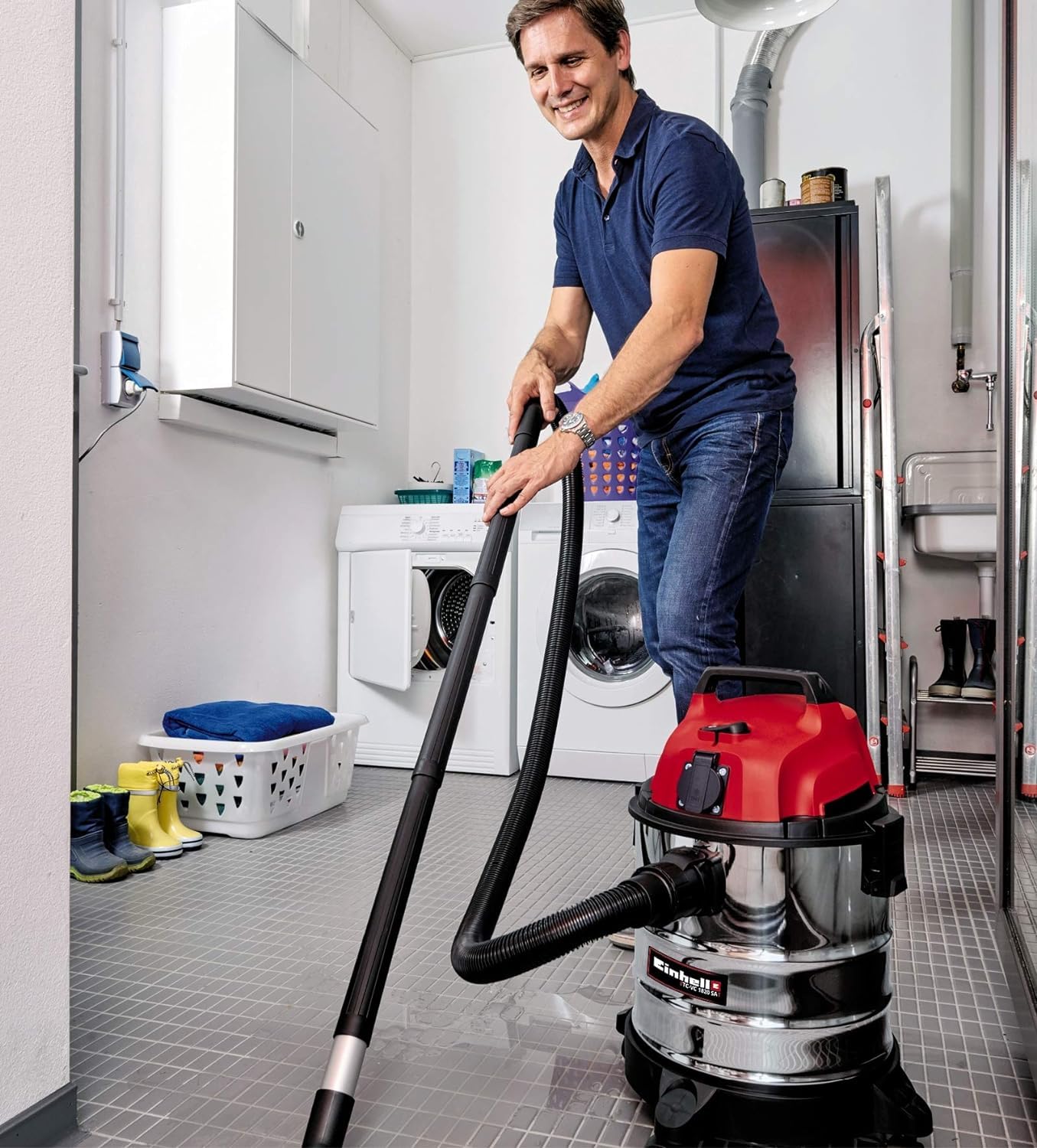Einhell TC-VC 1820 SA - Aspiradora en seco y húmedo (1250 W, depósito de Acero Inoxidable de 20 L, Conector de soplado, Soporte para Accesorios, Enchufe automático, Incluye Manguera de aspiración,