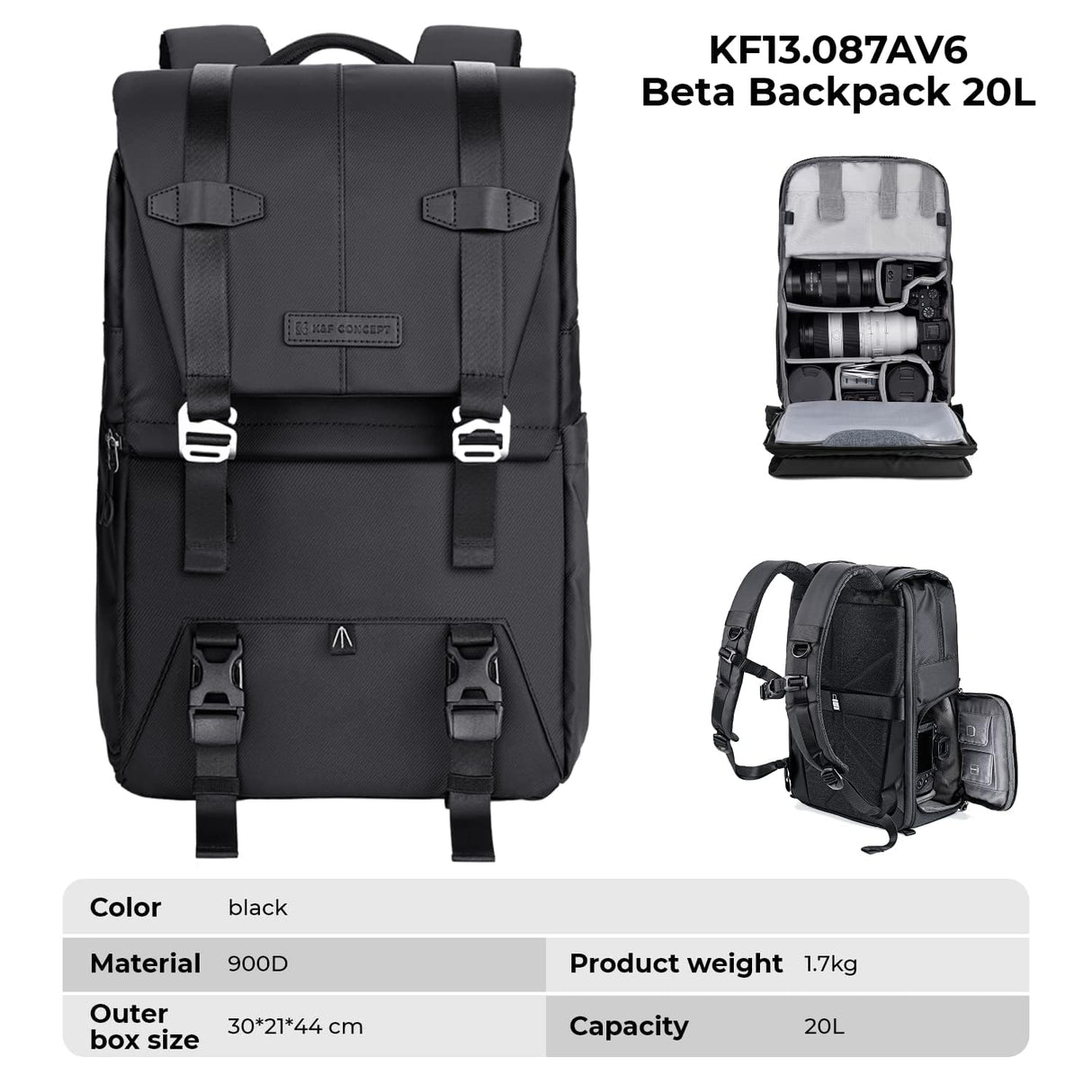 K&F Concept Mochila Camara Multifuncional, Mochila Fotografía Profesional, Mochila Fotográfica para Reflex Impermeable, Bolsa Cámara Compartimento para Portátil de 15.6 Pulgadas(20L) Negro