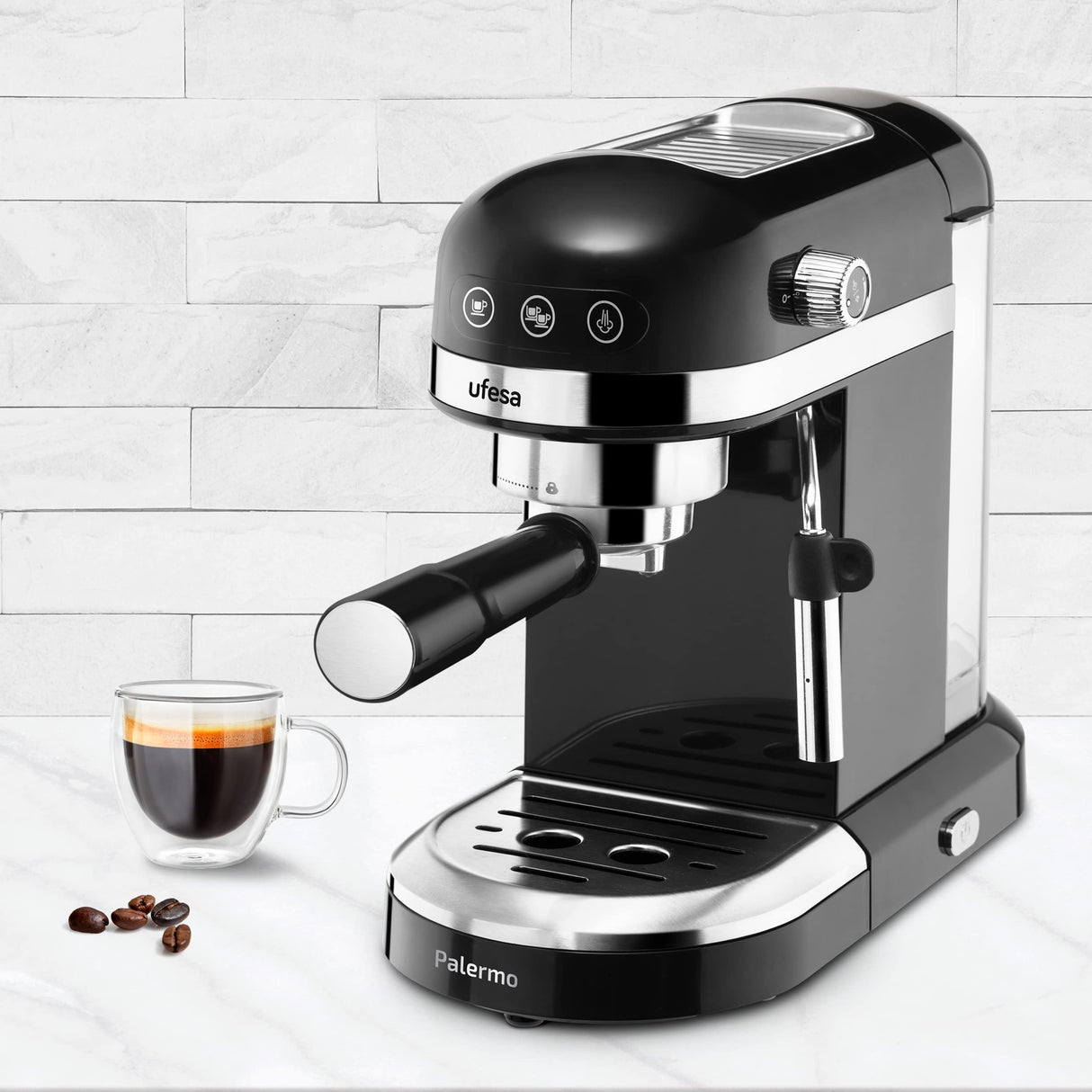 Ufesa Palermo Cafetera Espresso y Capuccino, 20 Bares, 1350W, Panel Táctil, Vaporizador Orientable, Sistema Thermoblack, Depósito 1.4 l, Apagado automático