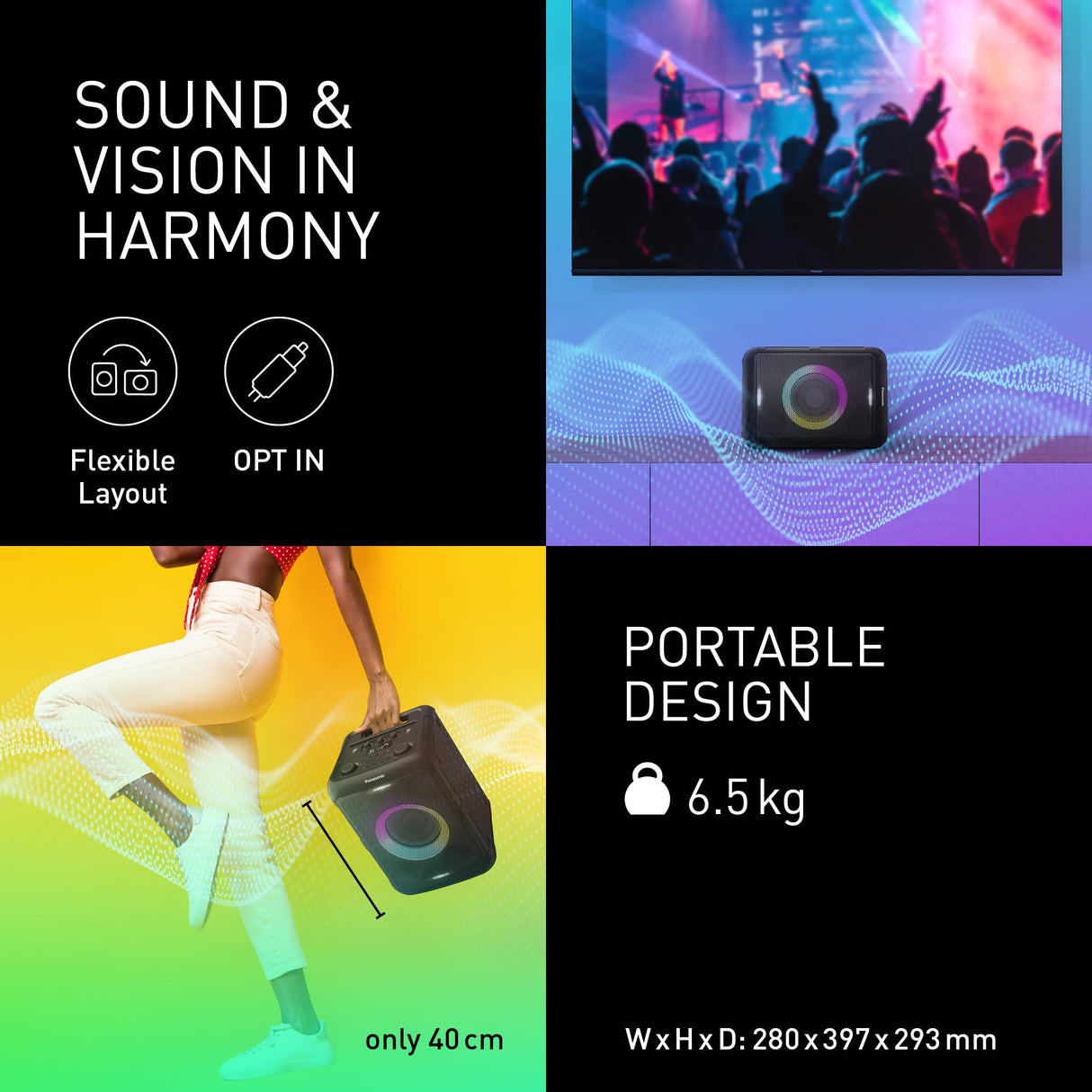 Panasonic SC-BMAX5E-K Altavoz Portátil para Fiestas con Bluetooth, Luces Integradas, 75 W, USB, Entrada Óptica para TV, Entradas de Guitarra y Micrófono para Karaoke, Negro