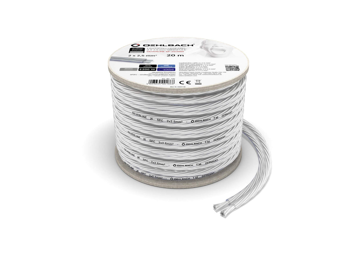 Oehlbach D1C186 - Cable para Altavoces (2 x 2,5 mm², 20 m), Plata Transparente