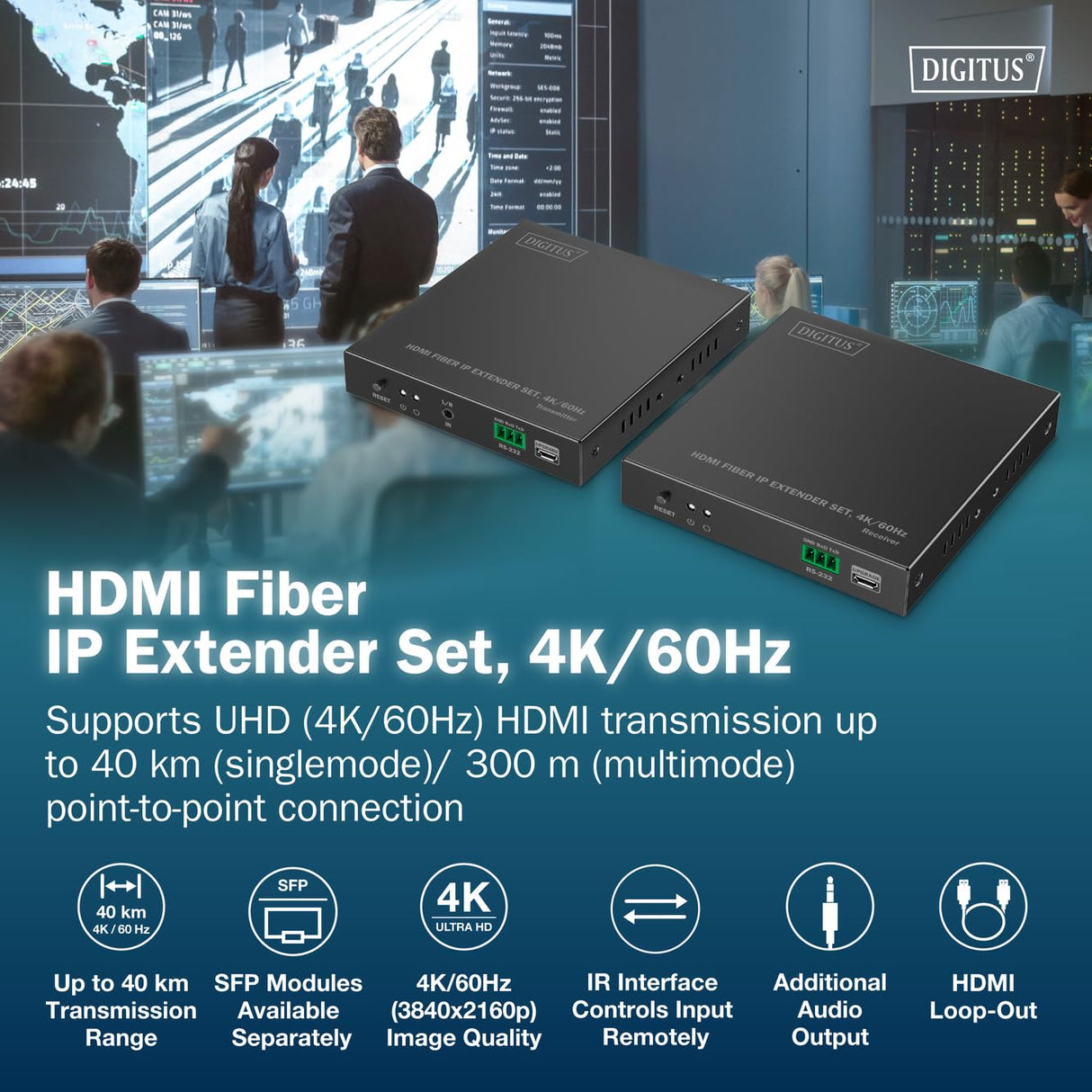 DIGITUS HDMI Fiber IP Extender Set – UHD 4k 60Hz – HDMI 2.0 – Alcance MM 300 m y SM 40 km – Transmisor y receptor – Punto a punto – Negro