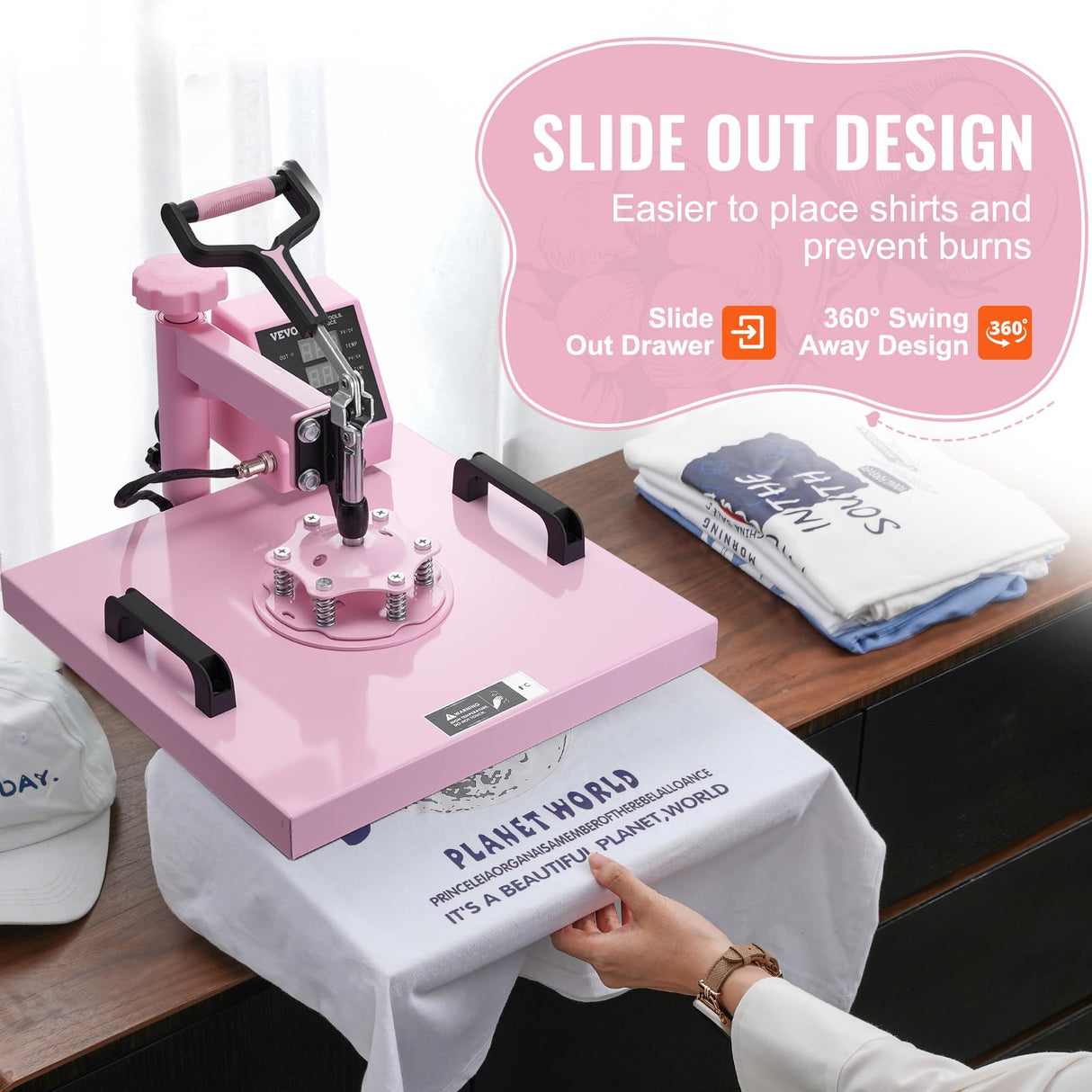 VEVOR 5 en 1 Máquina de Prensado por Calor con Prensa de Vaso de 887ml, 380 x 380 mm, Prensa Térmico con Giro de 360° y Control Digital Preciso para Camisetas, Tazas, Sombreros y Platos, Rosa