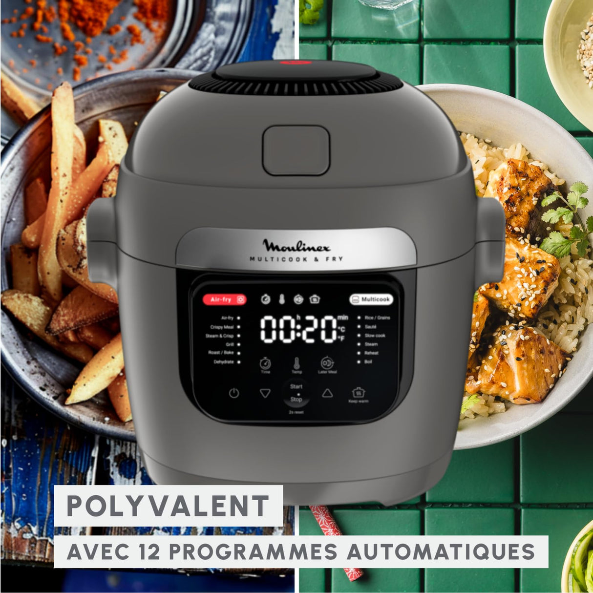 Moulinex Multicook Fry - Multicocina y aire freidora (12 programas, 6 L, gris, espátula incluida YY5553FB