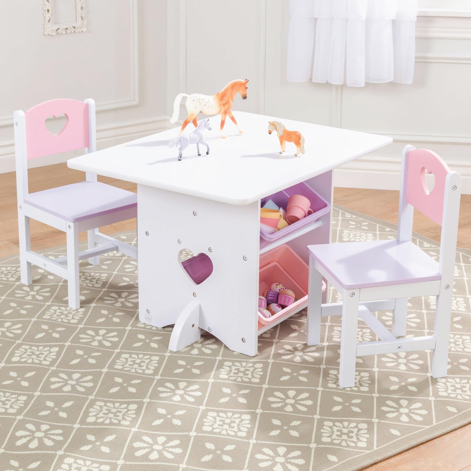 KidKraft Juego Infantil de Mesa y 2 sillas de Madera Corazón con Compartimentos de Almacenamiento, Muebles para Salas de Juego y Dormitorio de niños (26913)