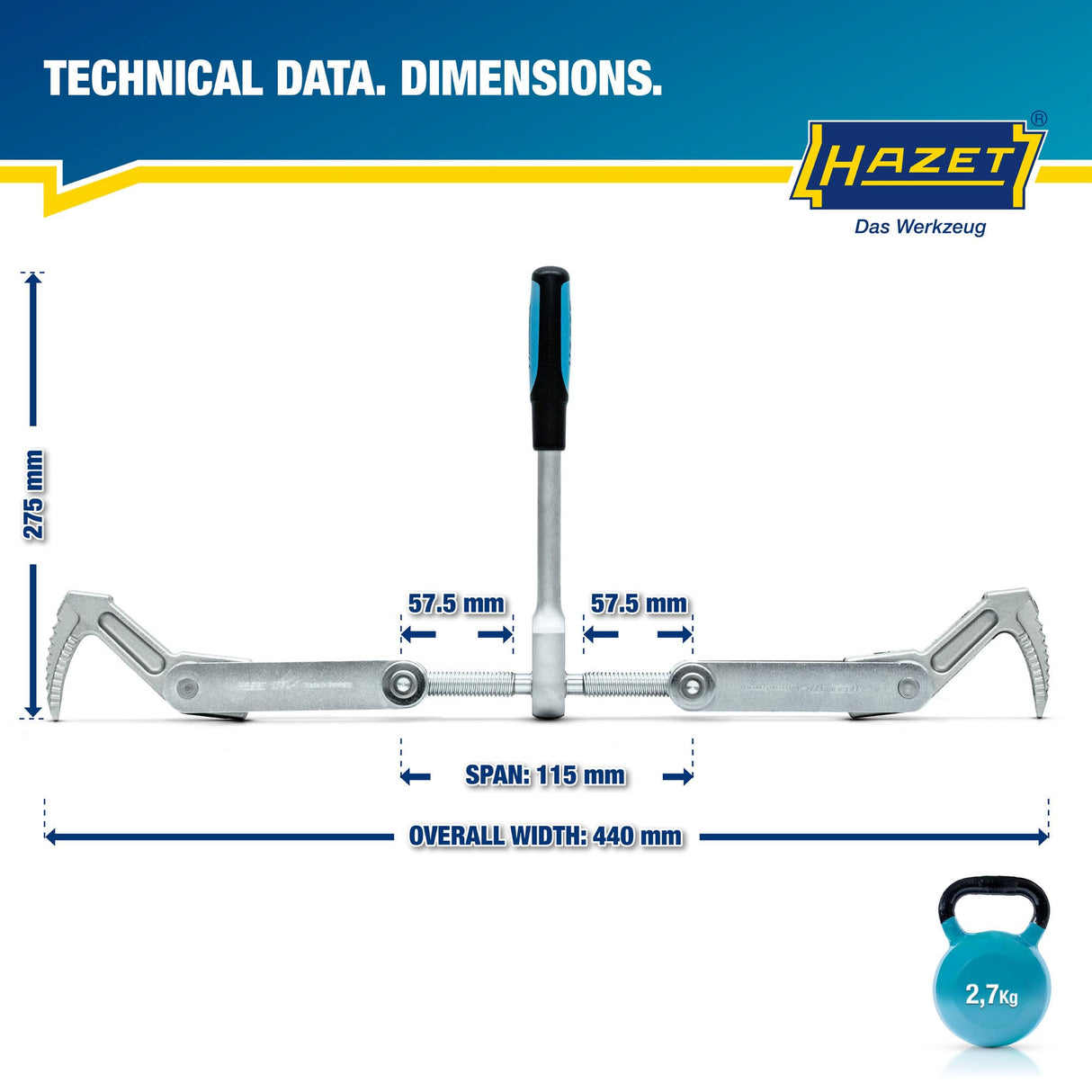 Extractor de vigas HAZET 1774-1 I carrera de sujeción: 115 mm, anchura total: 440 mm, longitud de la carraca: 275 mm, rosca trapezoidal TR 16 x 5 I para sujetar, tirar y comprimir madera