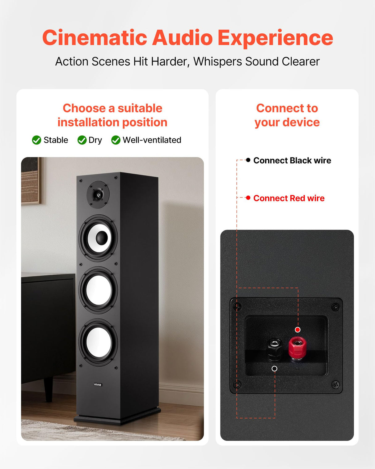 VEVOR Altavoz de Suelo de 2 Vías, con Tweeter de 2,54 cm y Woofer de 16,51 cm, Potencia Máxima de 200 W, Respuesta de Frecuencia de 70 Hz a 20 kHz, Carcasa Robusta de MDF, para Audio Doméstico