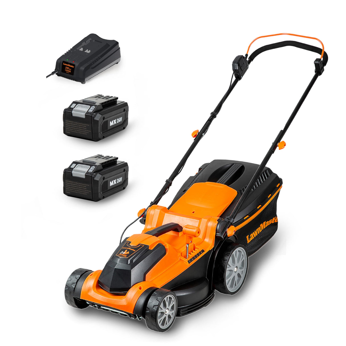 LawnMaster CLMF2437G Cortacésped con Batería 24V MAX 2x4.0Ah, 37cm hasta 300m², Altura de Corte 6 Niveles 22-72 mm, Bolsa de Recogida de 40L
