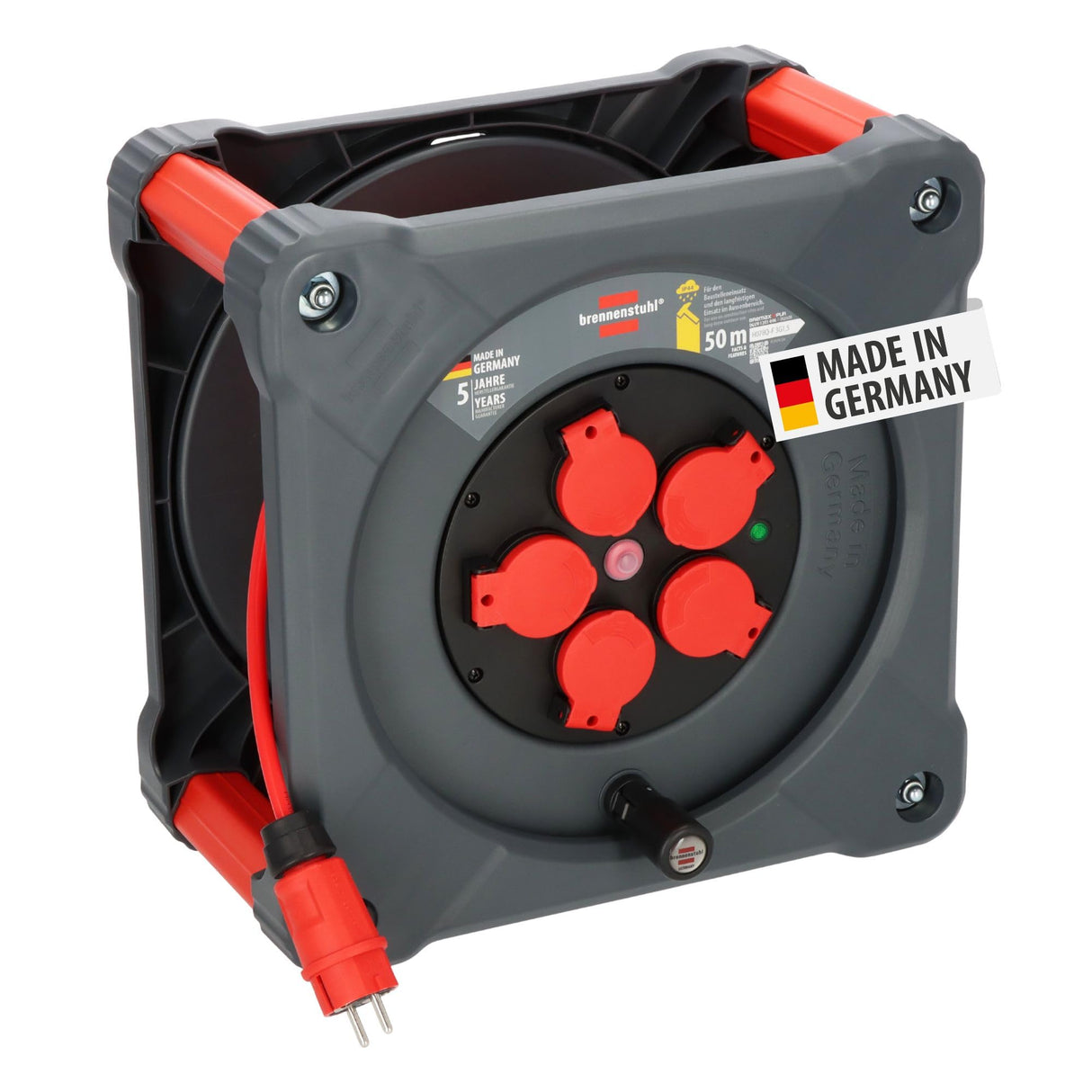 Brennenstuhl Professional KA 5110 5 IP44 carrete para instalación de construcción, cable BQ de 50 m en rojo, 5 enchufes de seguridad, uso en obra y exterior permanente, fabricado en Alemania