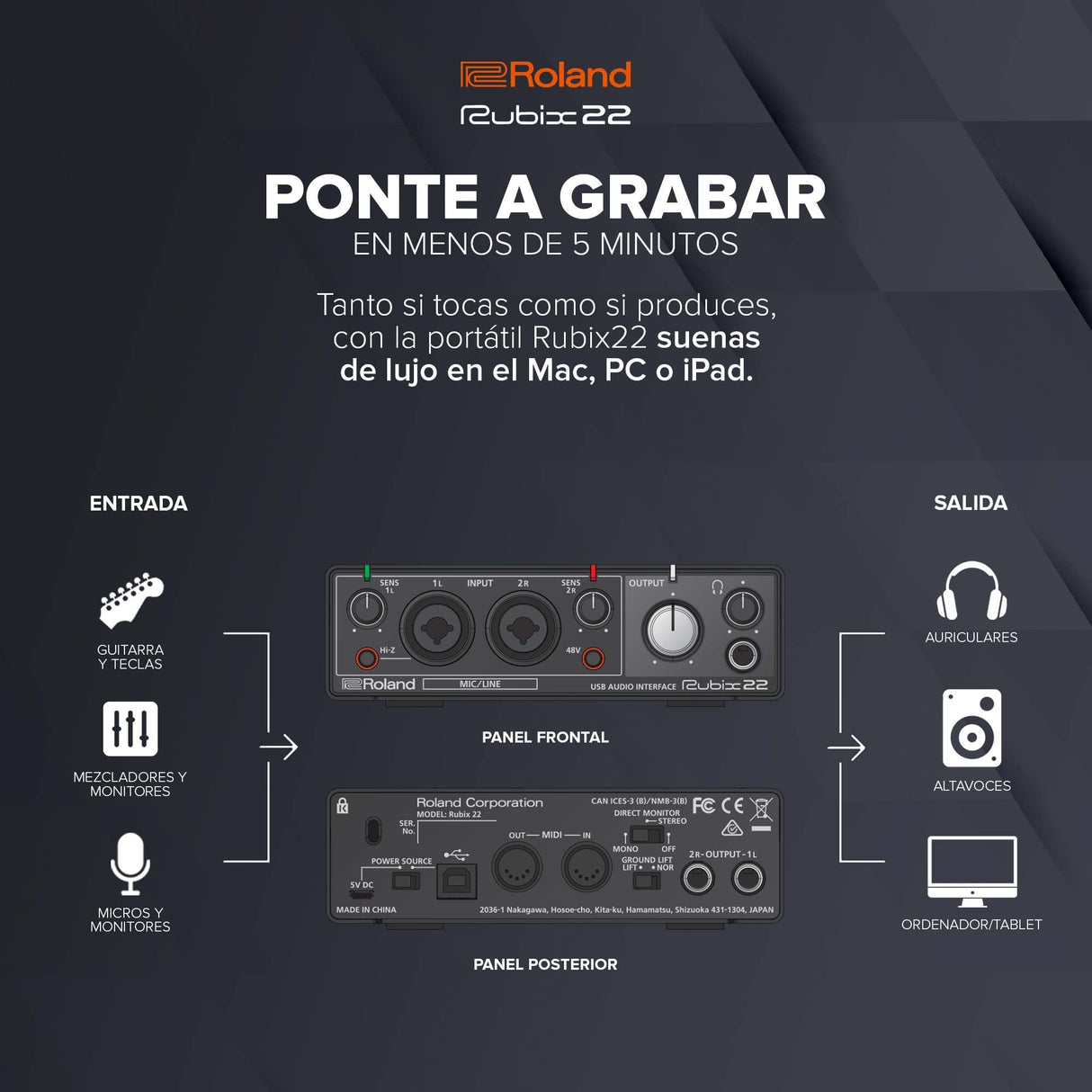 Roland Rubix22 Interfaz de audio USB de dos entradas y dos salidas | Audio en alta resolución | Graba con micros, guitarras, teclas y más | Compacto y resistente | Compatible con Mac, PC y iPad