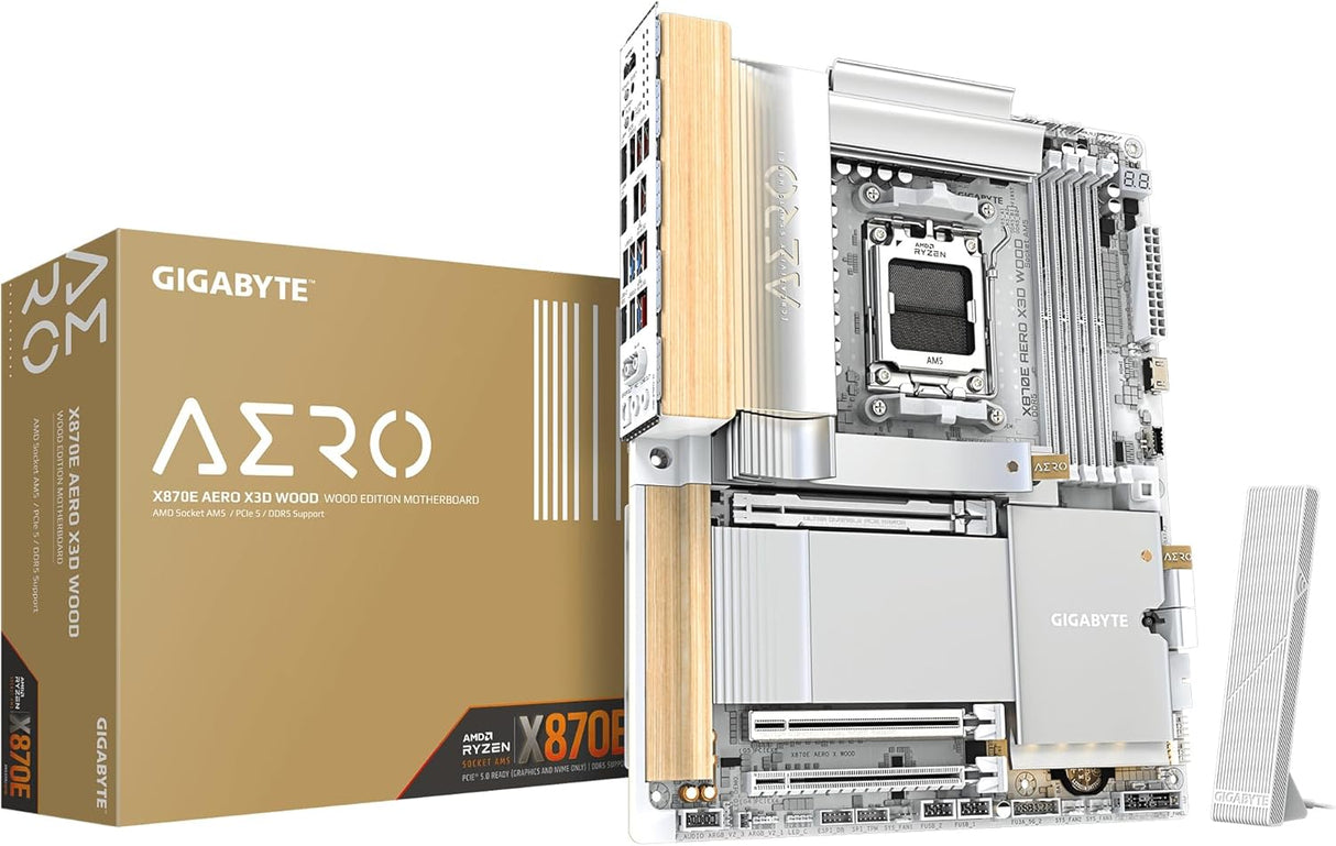 GIGABYTE X870E Aero X3D Wood Motherboard - Supports AMD Ryzen 9000 Processors, 16+2+2 Phase Digital VRM, up to 9000Hz DDR5 (O.C.), 2xPCIe 5.0 + 2xPCIe 4.0, Wi-Fi 7, 5GbE LAN, USB 4