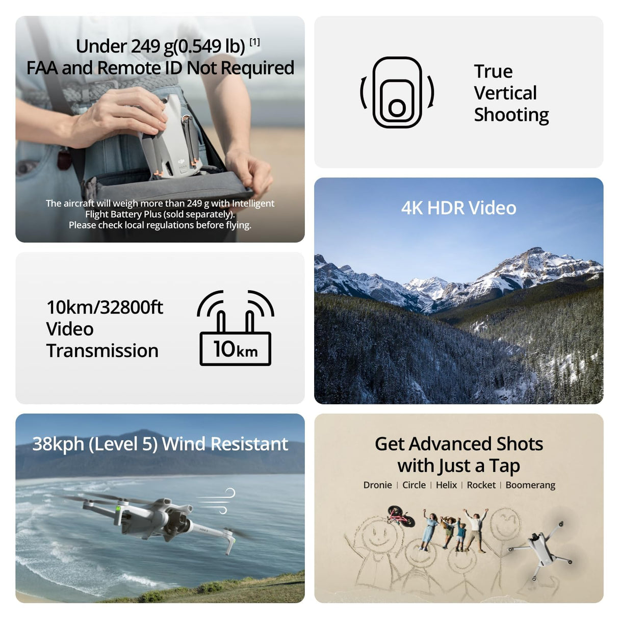 DJI Mini 3 – Dron Mini con cámara ligero y plegable con vídeo 4K HDR, 38 min de tiempo de vuelo, Grabación vertical y funciones inteligentes, con Mando a distancia