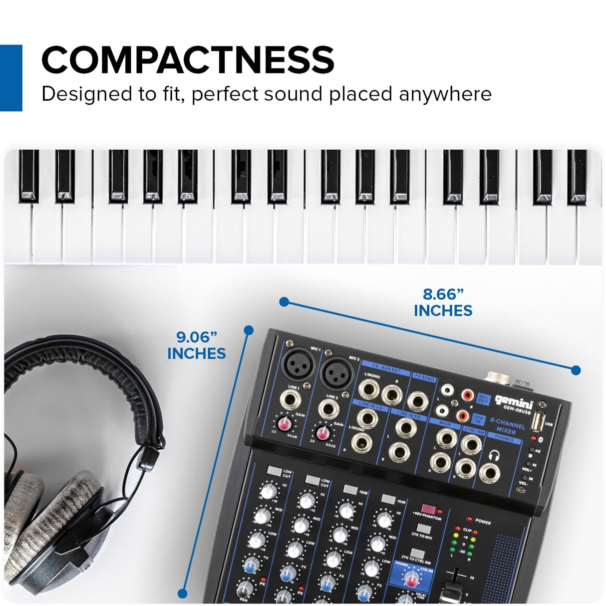 Gemini Sound GEM-08USB Mezclador analógico de 8 canales compacto que incluye 2 canales de micrófono, EQ de 3 bandas, reproducción USB de dispositivos USB y transmisión de Bluetooth