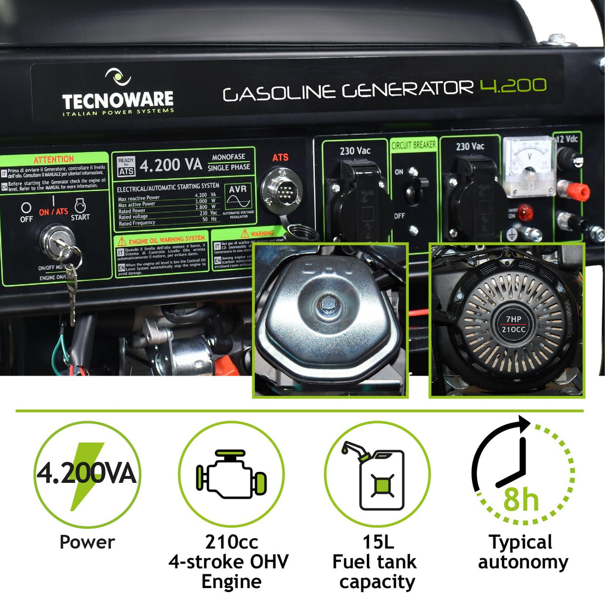 Tecnoware Power Systems - Generador de Corriente 4200 VA, Motor Gasolina 4 Tiempos, Arranque Eléctrico y Manual, Depósito 15L, Compacto y Portátil, Ideal para Camping y Construcción