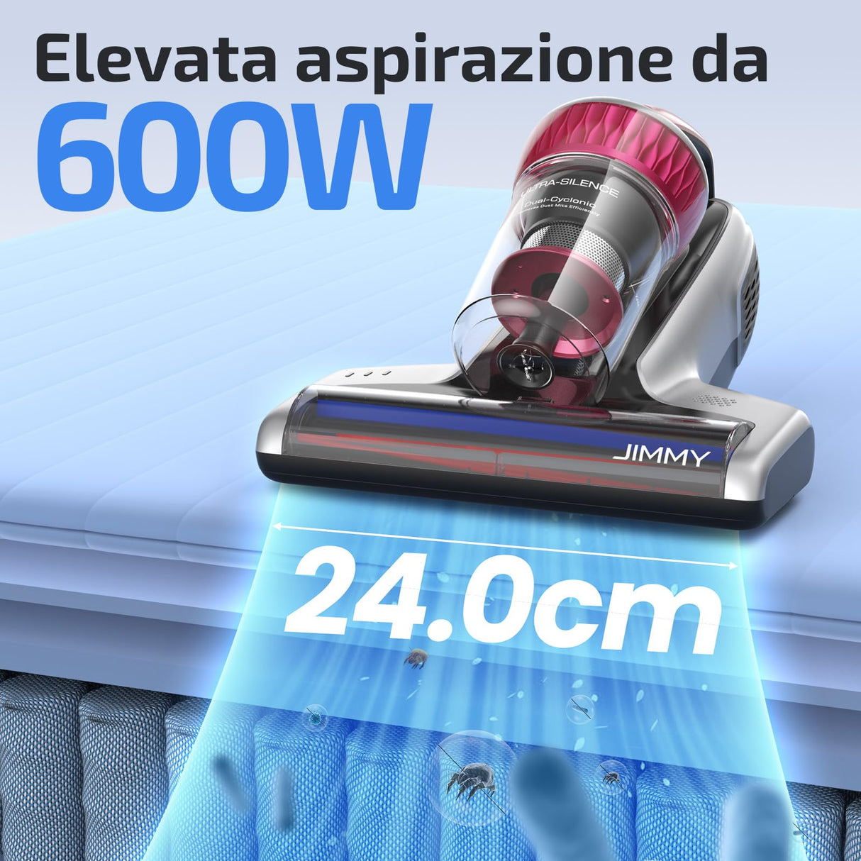 Jimmy WB73 Aspirador portátil antiácaros con batería de 600 W, con esterilización UV y ultrasonidos, Sensor Inteligente de Suciedad, Sistema de filtración Dual-Cyclonic y Certificado de Calidad