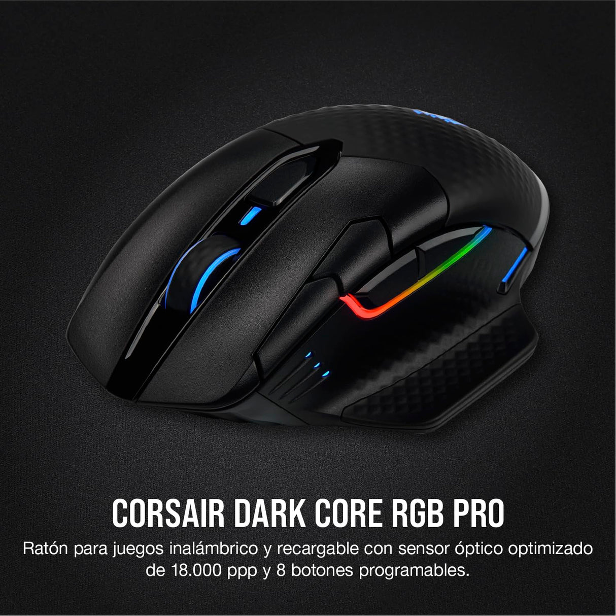 Corsair DARK CORE RGB PRO Ratón Inalámbrico FPS/MOBA para Juegos - 18.000 PPP - 8 Botones Programables - Inalámbrico Sub-1ms - Compatible con iCUE - PC, Mac, PS5, PS4, Xbox - Negro