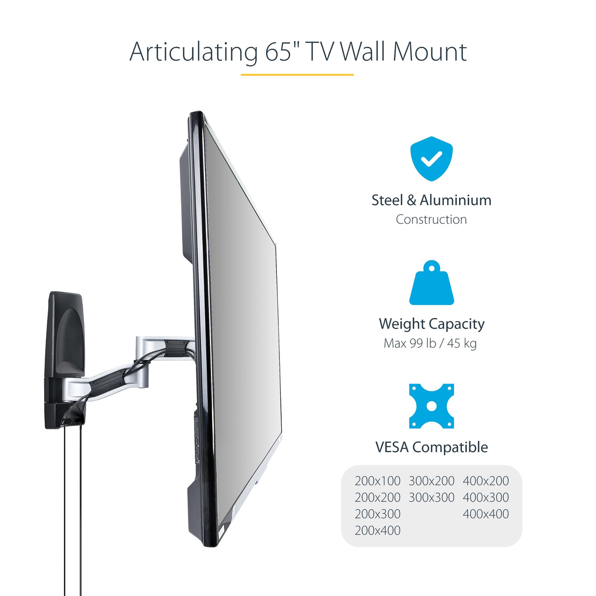 StarTech.com Soporte de Montaje Articulado de Pared para Televisores - Soporte VESA de Pared - Soporta TV Plano o Curvos de 65" o 45kg - Perfil Bajo Retraible - de Esquina (TV-WALL-MOUNT-65FS)
