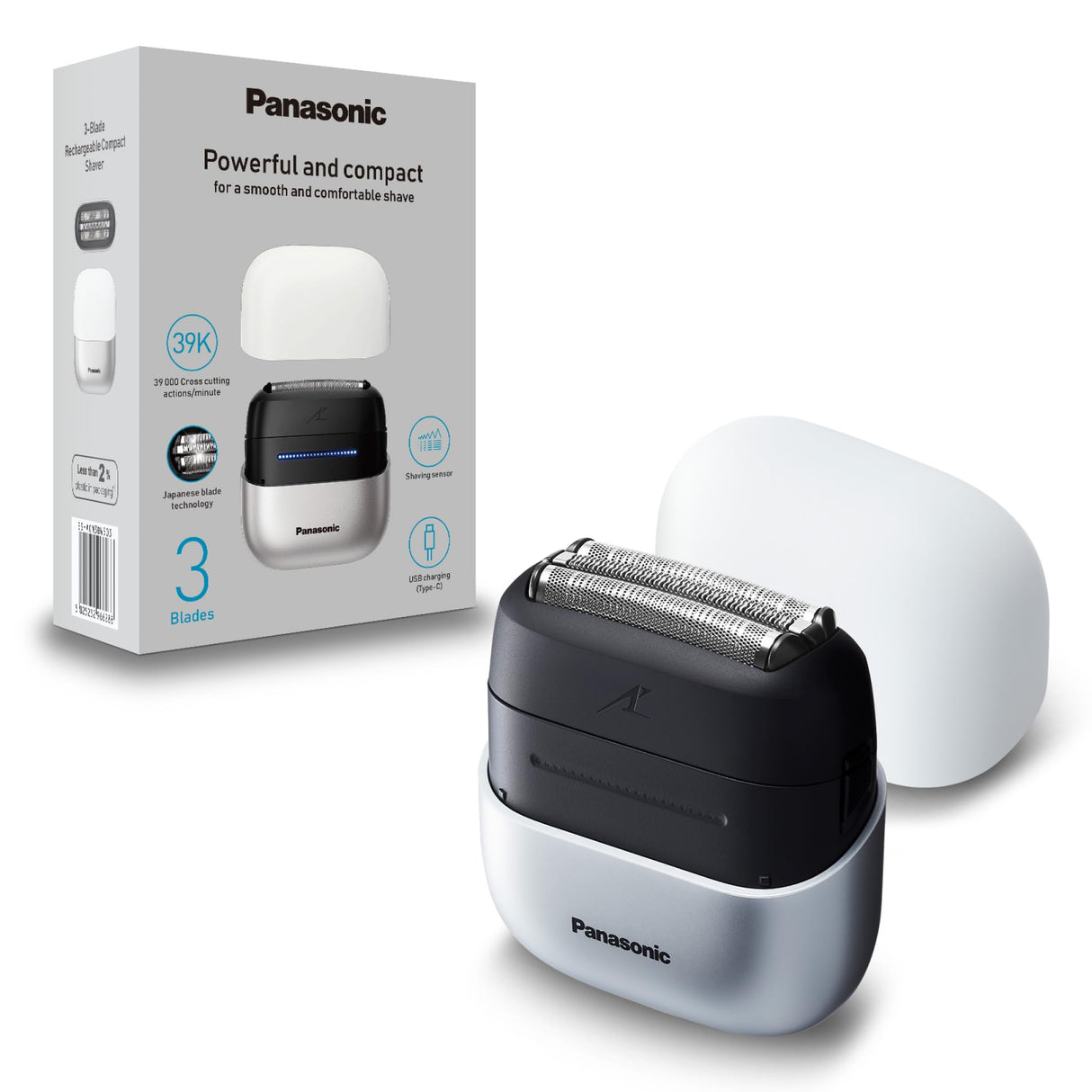 Panasonic ES-ACM3BW503 Serie 700 Afeitadora Compacta de 3 Cuchillas, Afeitadora Eléctrica Húmeda y Seca para Hombres, Sensor de Barba, Resistente al Agua IPX7, Carga USB-C y Adaptador, Blanco