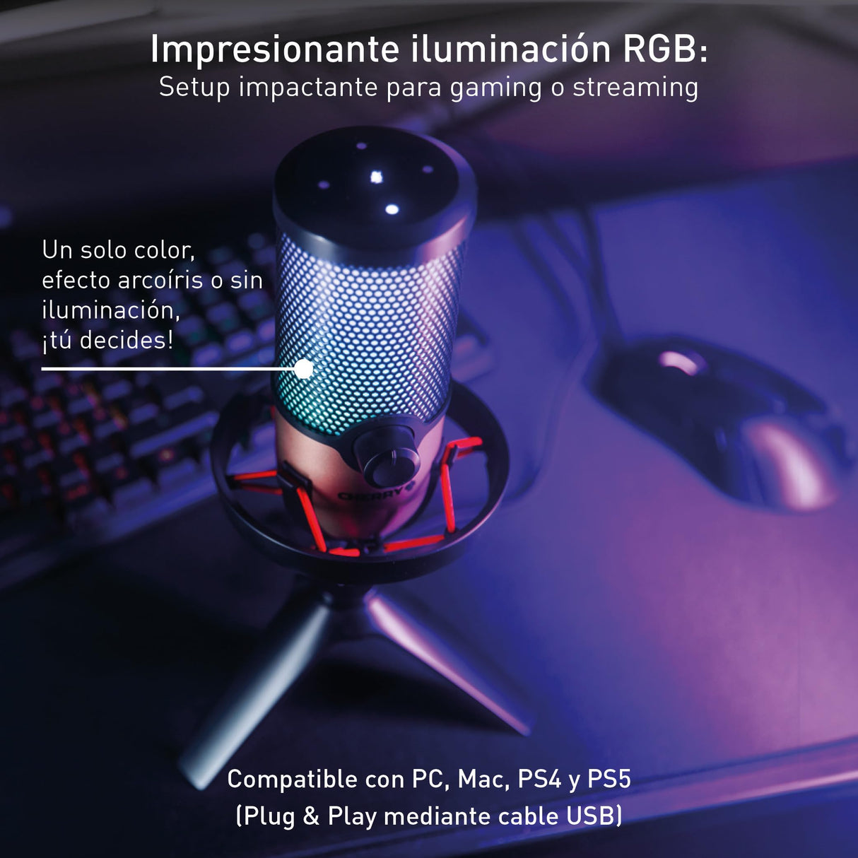 CHERRY UM 9.0 PRO RGB, Micrófono USB con Iluminación RGB, para Gaming, Streaming, ASMR, 4 Patrones Polares, Compatible con PC/Mac/PS4/PS5, Negro/Plateado