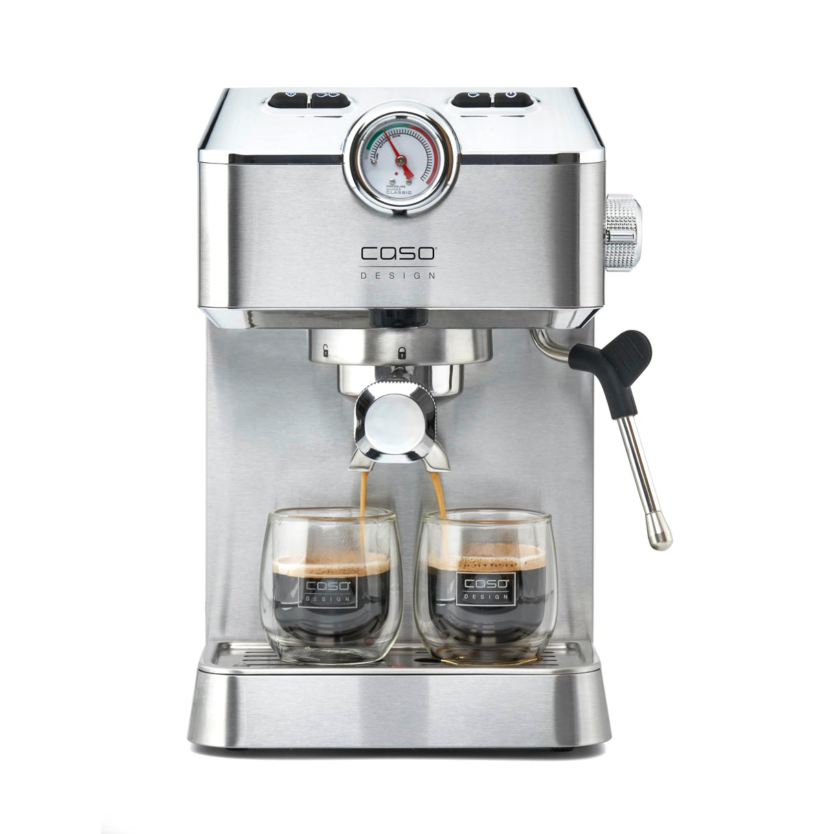 Caso Espresso Gourmet - Cafetera de acero inoxidable con bomba Ulka 19 bares con espumador de leche, para café en polvo o cápsulas ESE, para 2 tazas, con placa calefactora para taza