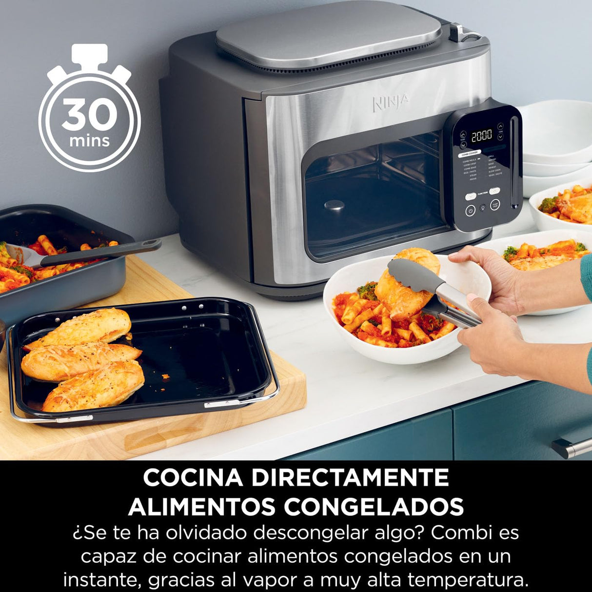 Ninja Combi Olla eléctrica multifunción 12 en 1, Horno, Freidora de aire, comidas familiares en 15 min*, incluye bandeja para hornear, fuente de horno y guía de recetas, gris, SFP700EU