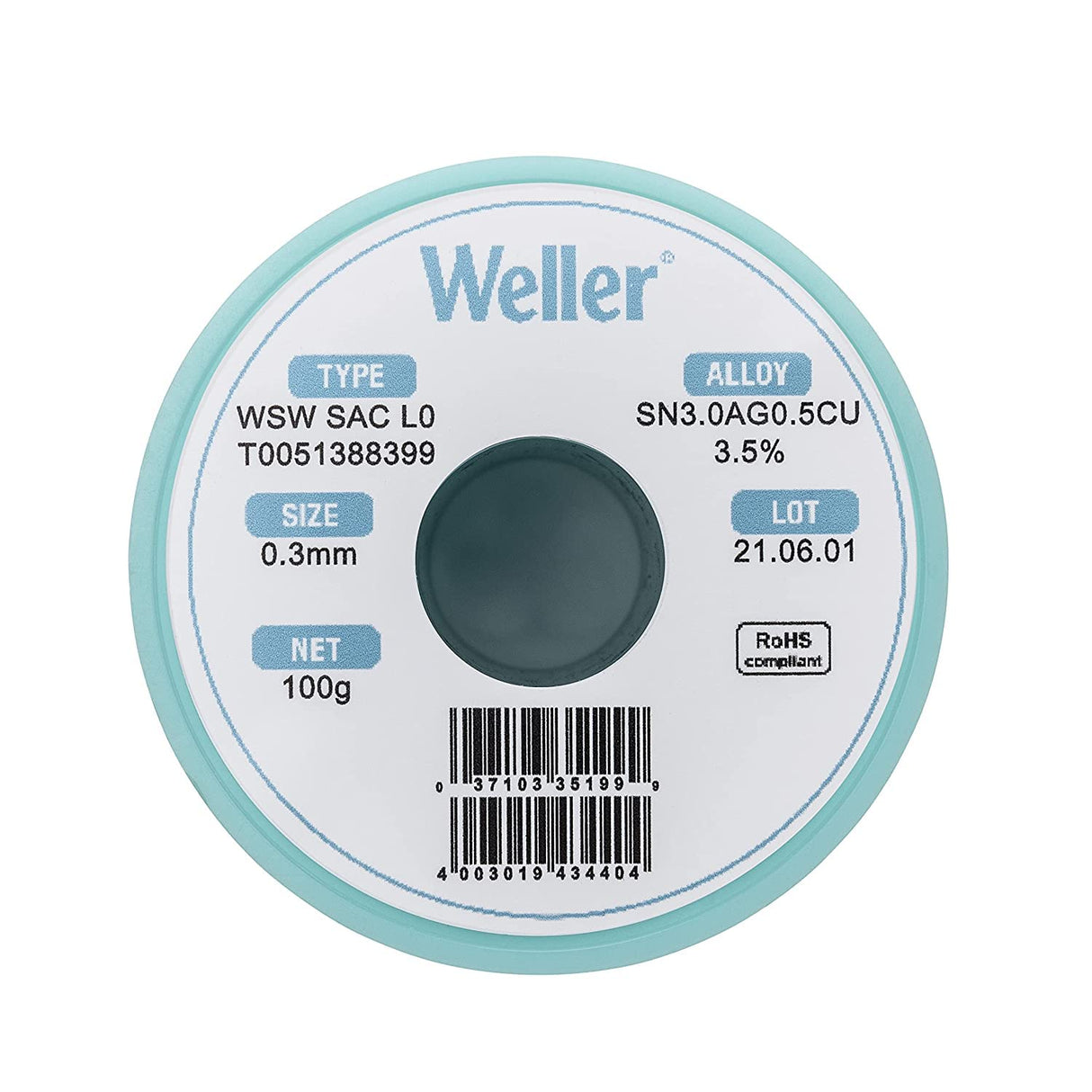 Weller WSW SAC L0 (T0051387299) Alambre De Soldadura Sin Plomo, Ø 0,3 Mm, Aleación Sn96.5Ag3.0Cu0.5, Contenido De Fundente 3.5%, 500g
