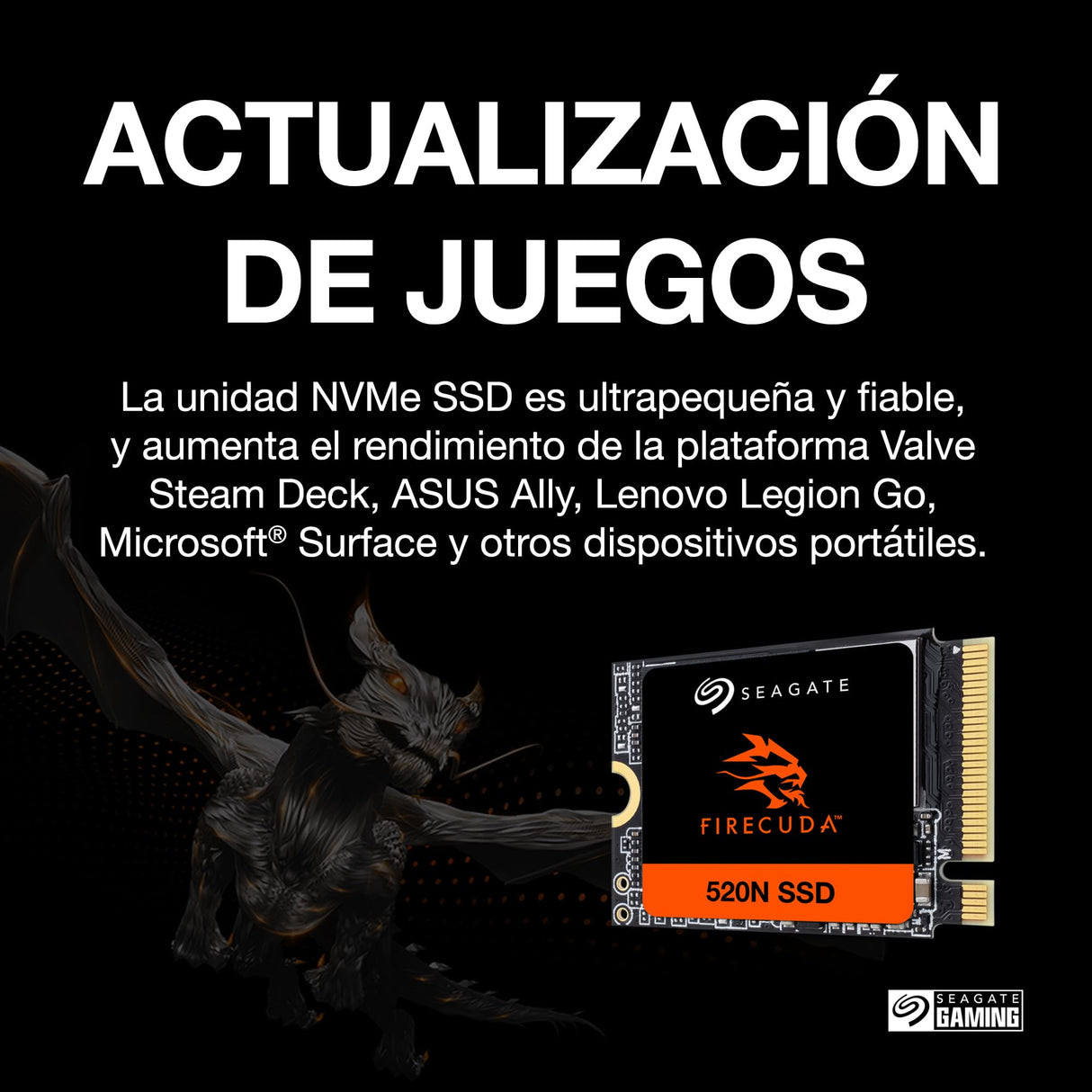 Seagate FireCuda 520N 1024GB NVMe Gaming SSD, M.2 2230-S2,PCIe G4 x4, con Servicios Rescue, Modellnr.: ZP1024GV3A002