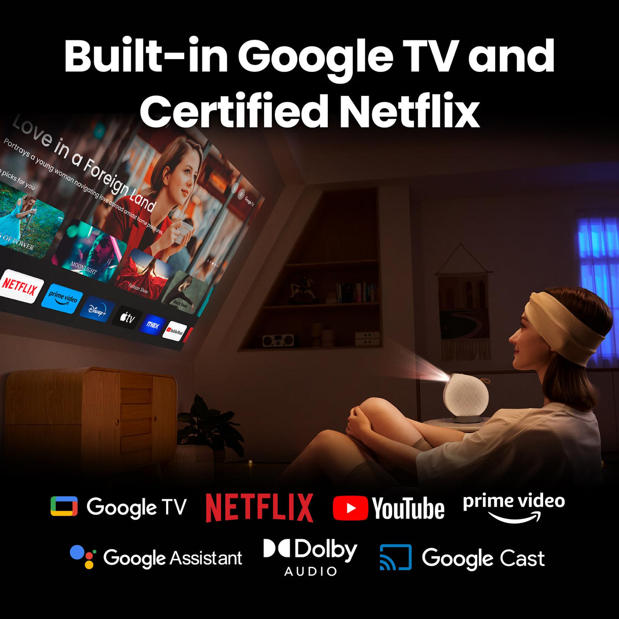 BenQ GV50 proyector láser portátil de Techo 1080p con Base de trípode | Proyección con ángulo Giratorio | 500 lúmenes | Altavoz Bluetooth 18W | Google TV | Chromecast y AirPlay | Enfoque automático