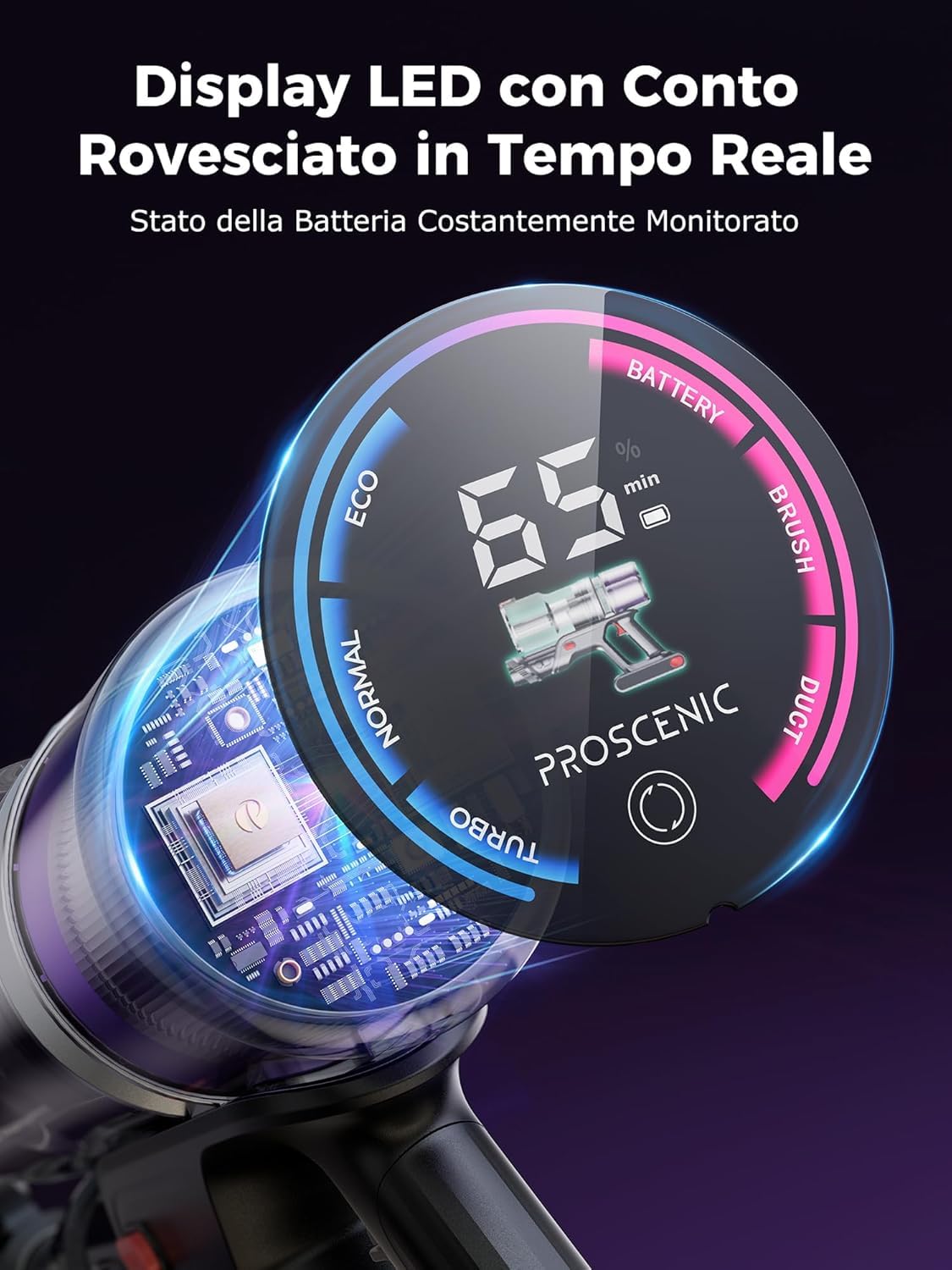 Proscenic P16 Aspiradora sin Cable 55Kpa/550W/65Mins, Aspiradora Escoba Vertical con Tubo Plegable, Cepillo Anti-Enredo y Pantalla Táctile LED para Suelo/Alfombra/Pelos de Mascotas