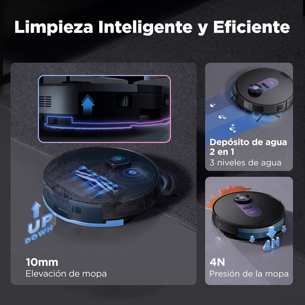 Obode A8+ Robot Aspirador y Fregasuelos con Vaciado Automático de Polvo,3D Obstacle Avoidance Navegación LiDAR,Aspirador Robot 4000Pa,180min Batería,para Pelo de Mascotas y Suelos Duro,WiFi/App/Alexa
