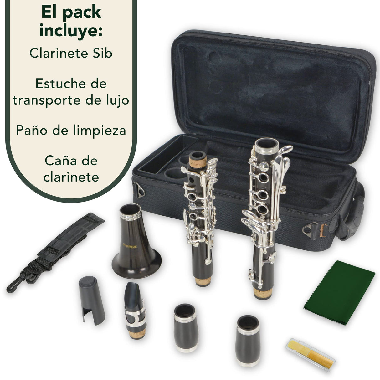 Montreux Concert Series Intermediate Advanced Bb Clarinet Con Estuche De Transporte Premium, Boquilla, Caña, Dos Barriles: Madera De Ébano, 17 Llaves Plateadas, B Flat