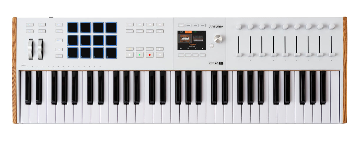 Arturia KeyLab 61 MK3 White, teclado c/controlador MIDI producción, paq. software todo-en-1-61 teclas, 9 codificadores, 9 faders, 1 rueda modulación, 1 rueda inflex. tono, 12 almohadillas - Blanco