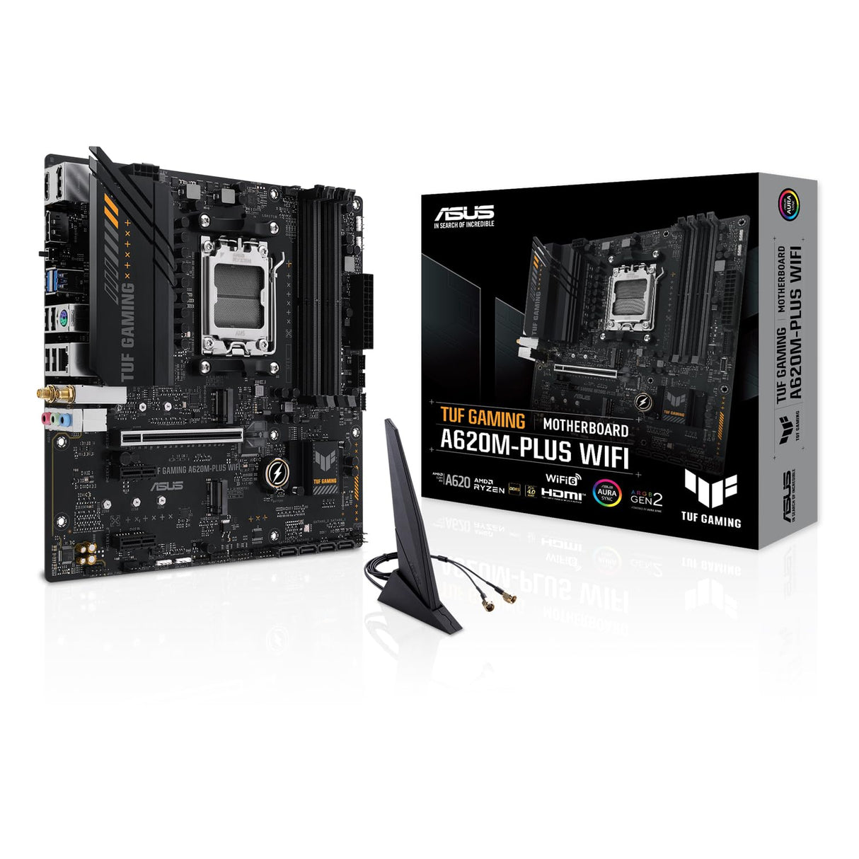 ASUS TUF Gaming A620M-PLUS WiFi Placa Base Micro-ATX AMD A620 (2.5Gb Ethernet, Wi-Fi 6, 2 x DP, HDMI, USB 3.2 Gen 1, USB 3.2 Gen 1 Type-C, BIOS Flashback, cancelación de Ruido, Aura Sync), Negro