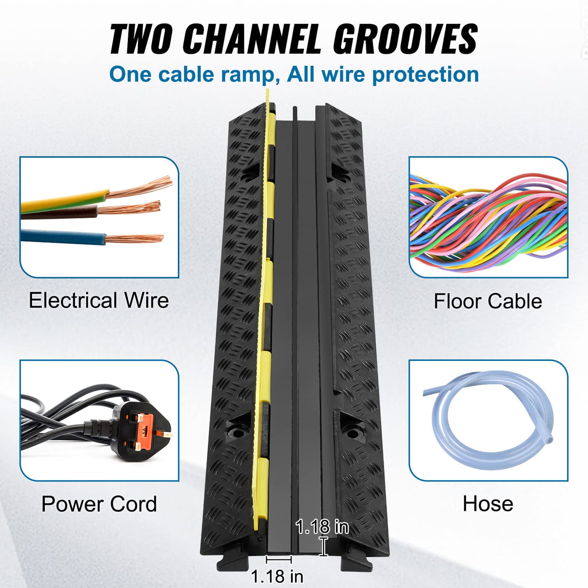 VEVOR Rampa de Protección de Cable 5 Piezas 2 Vías Canaleta Pasacables de Suelo 3 x 3 cm Protector de Cables de Caucho y PVC Capacidad de Carga 5443 kg Cubiertas de suelo para Cables Negro y Amarillo