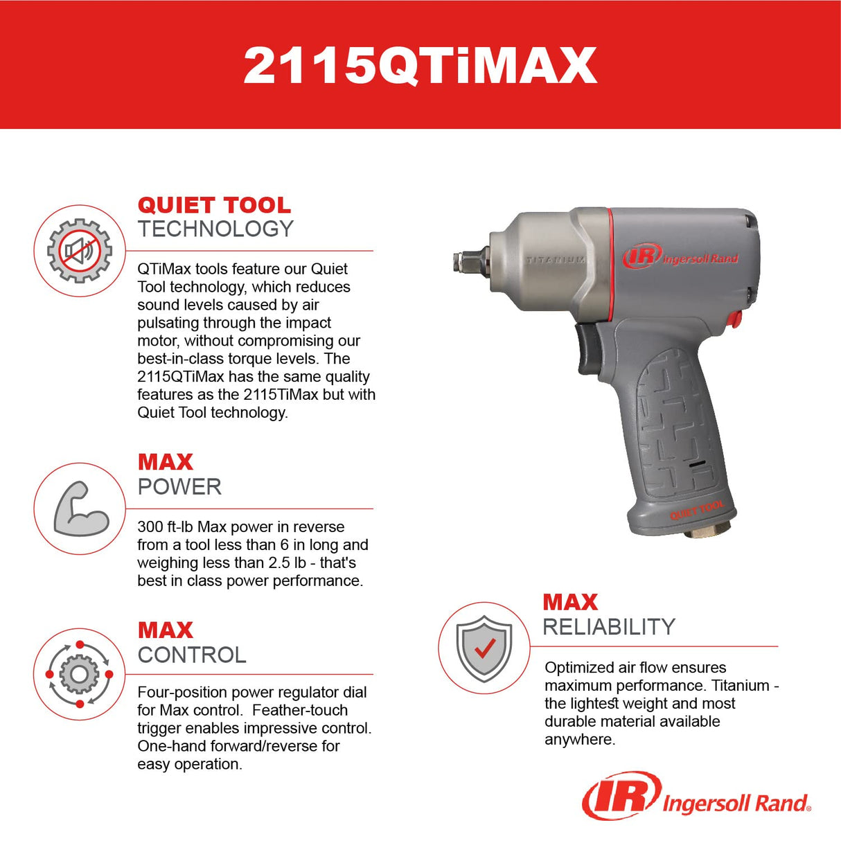 Ingersoll-Rand 3/8" Quiet Technology Llave de Impacto Neumática 2115QTiMAX, para Trabajos Durados, Llave De Impacto para su Taller