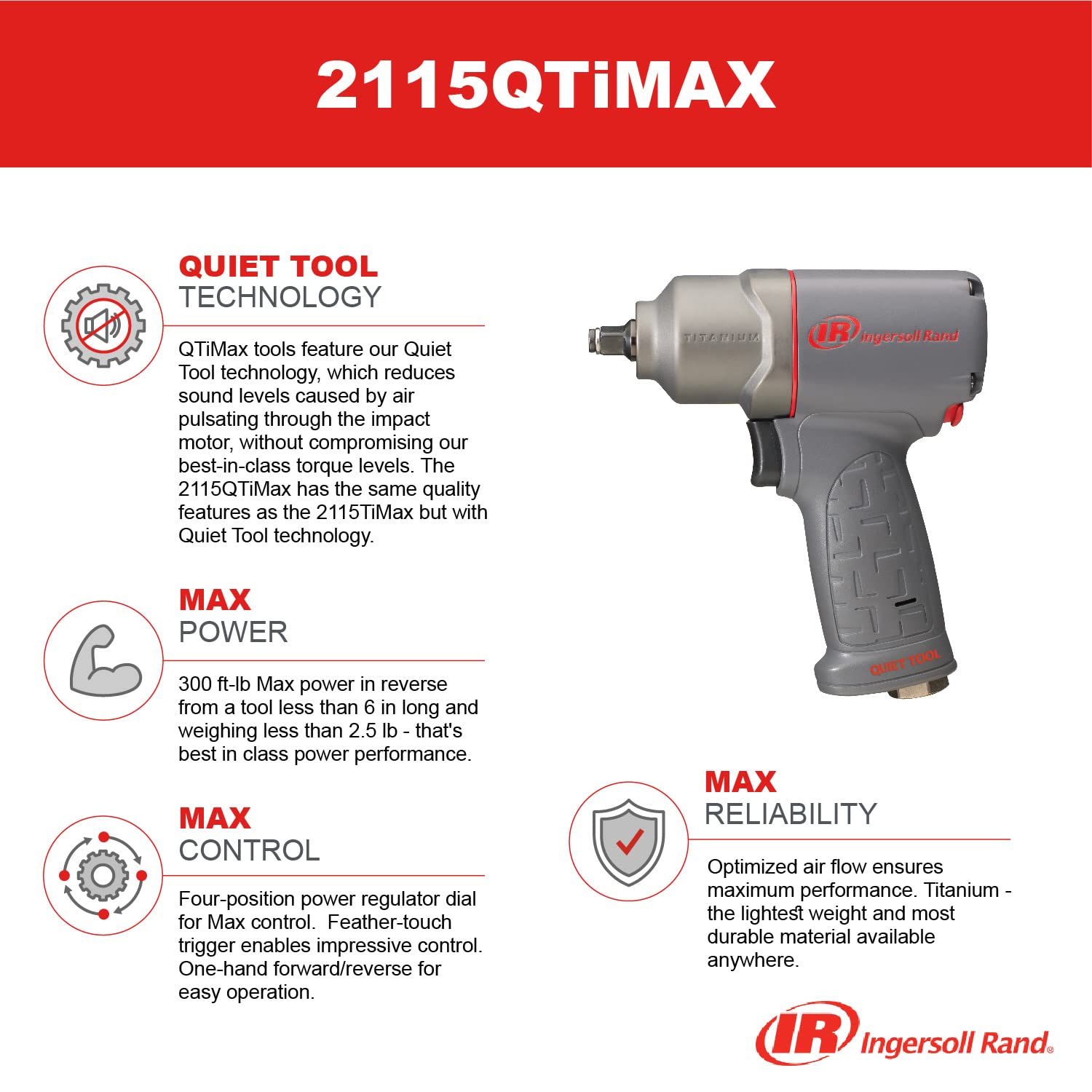 Ingersoll-Rand 3/8" Quiet Technology Llave de Impacto Neumática 2115QTiMAX, para Trabajos Durados, Llave De Impacto para su Taller
