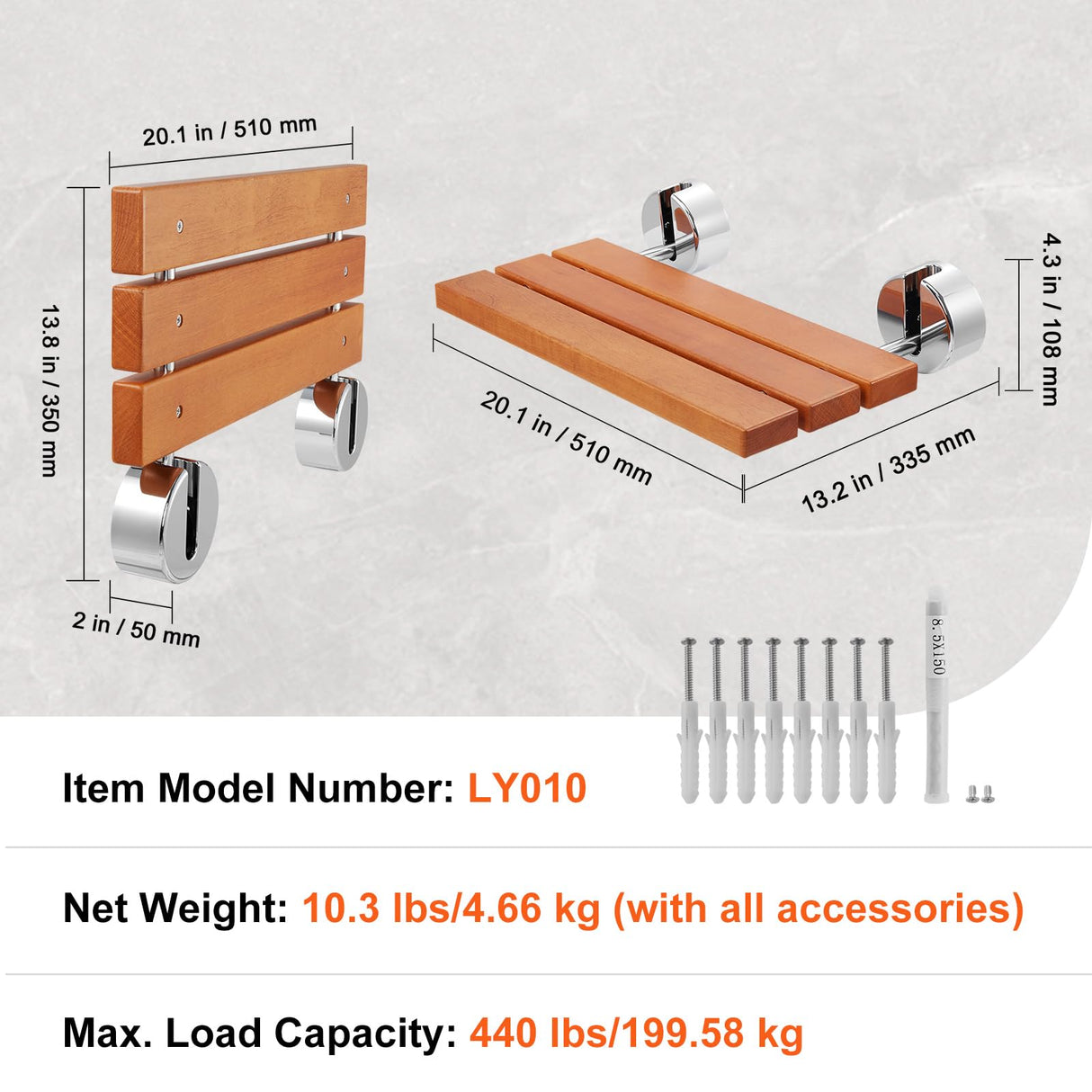 VEVOR Asiento de Ducha Plegable de Teca, 510 x 350 x 50 mm, Montado en la Pared con Capacidad de Carga de 199,58 kg, para el Cuidado del Hogar, para Personas Mayores, Mujeres Embarazadas y Niños