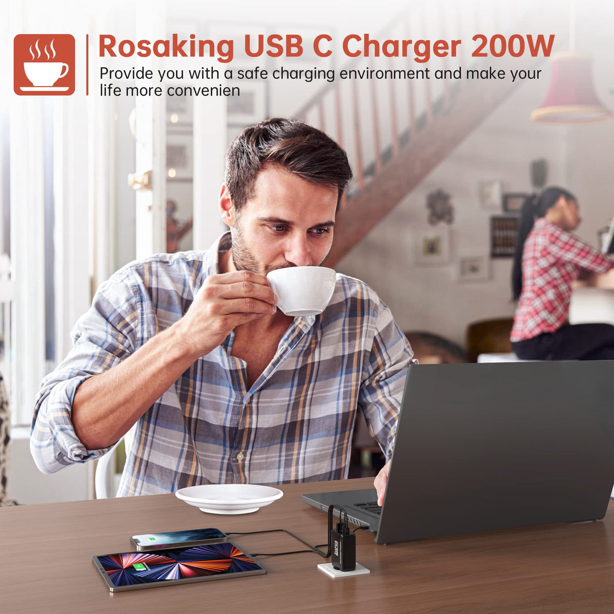 Rosaking Cargador USB C 200W,Cargador Rápido GAN III Tech,4 Puertos Cargador Rapido USB C para MacBook Air,Cargador Compatible con Samsung Galaxy Book