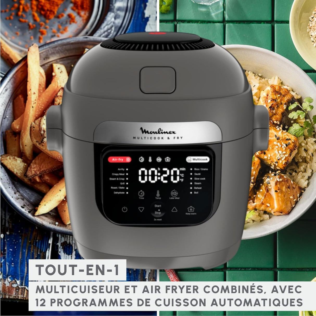 Moulinex Multicook & Fry - Robot de cocina con freidora de aire incorporada, 12 programas, cocción en 2 niveles, función de programación, 6 L de capacidad, gris hipopótamo MZ730BF0
