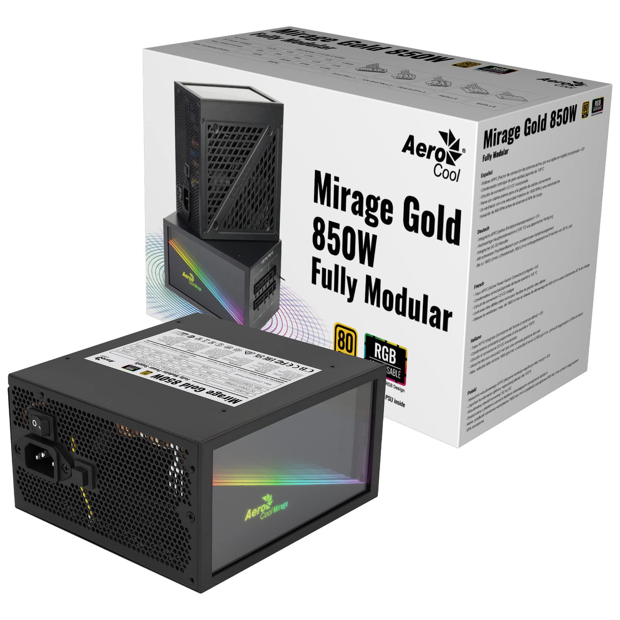 Aerocool MIRAGEGOLD 850W Fuente de Alimentación PC Modular RGB 80 Plus Gold, Condensadores Japoneses