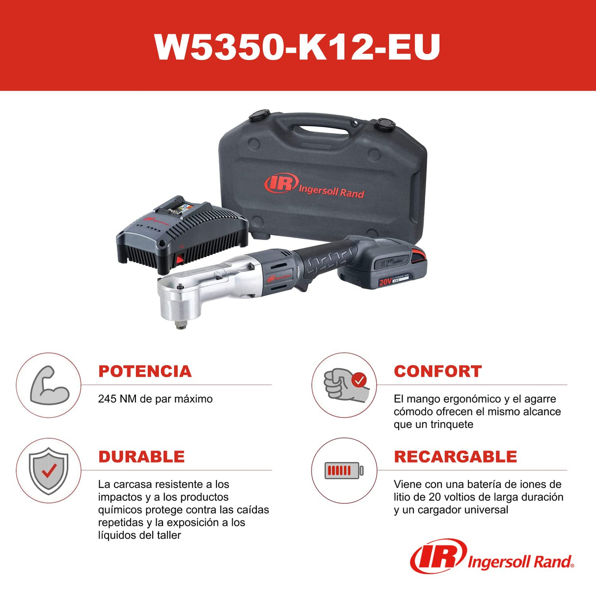 Ingersoll-Rand Llave de Impacto Inalámbrica W5350-K12-EU, de Ángulo Recto, de 1/2 Pulgada de 20V y 1850 RPM, 1 batería de Li-Ion BL2012 de 2,5 Ah y Kit Cargador en 1 Maletín de Transporte