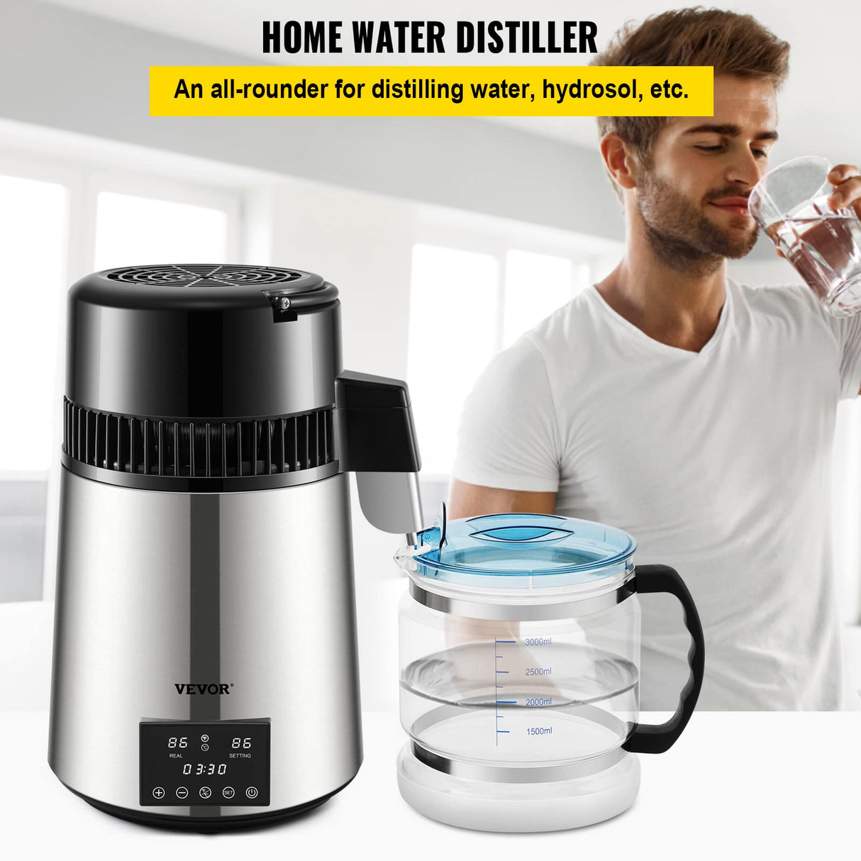 VEVOR Destilador de Agua 4L Filtro de Destilación de Agua con Recipiente de Vidrio 750 W 1 L/H Ajuste de Velocidad, Destilación Filtro Purificador de Acero Inoxidable Temperatura Doble 7,9lbs, Plata