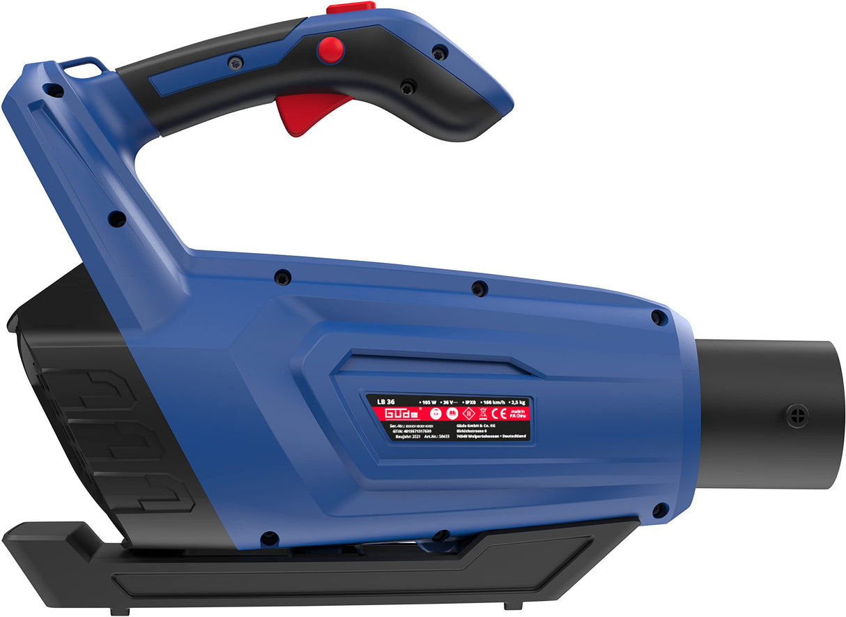 Güde Soplador de Hojas con batería LB 36-302-30 (36 V, Velocidad de soplado 160 km/h, 800 m³/h, botón Turbo, Correa para el Hombro, Tubo de soplado extraíble, Incluye 2 baterías de 18 V de 3,0 Ah y