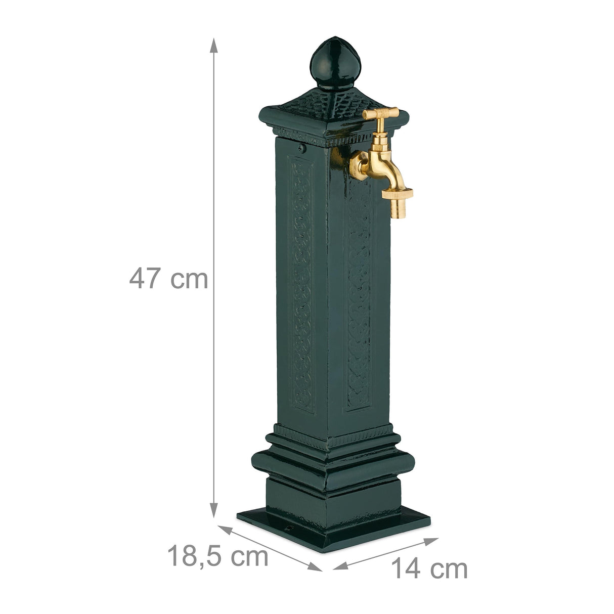 Relaxdays Fuente de Pie Antigua, con Grifo, 47 x 14 x 18,5 cm, Bebedero de Jardín, Terraza, Aluminio Fundido, Verde, Acero