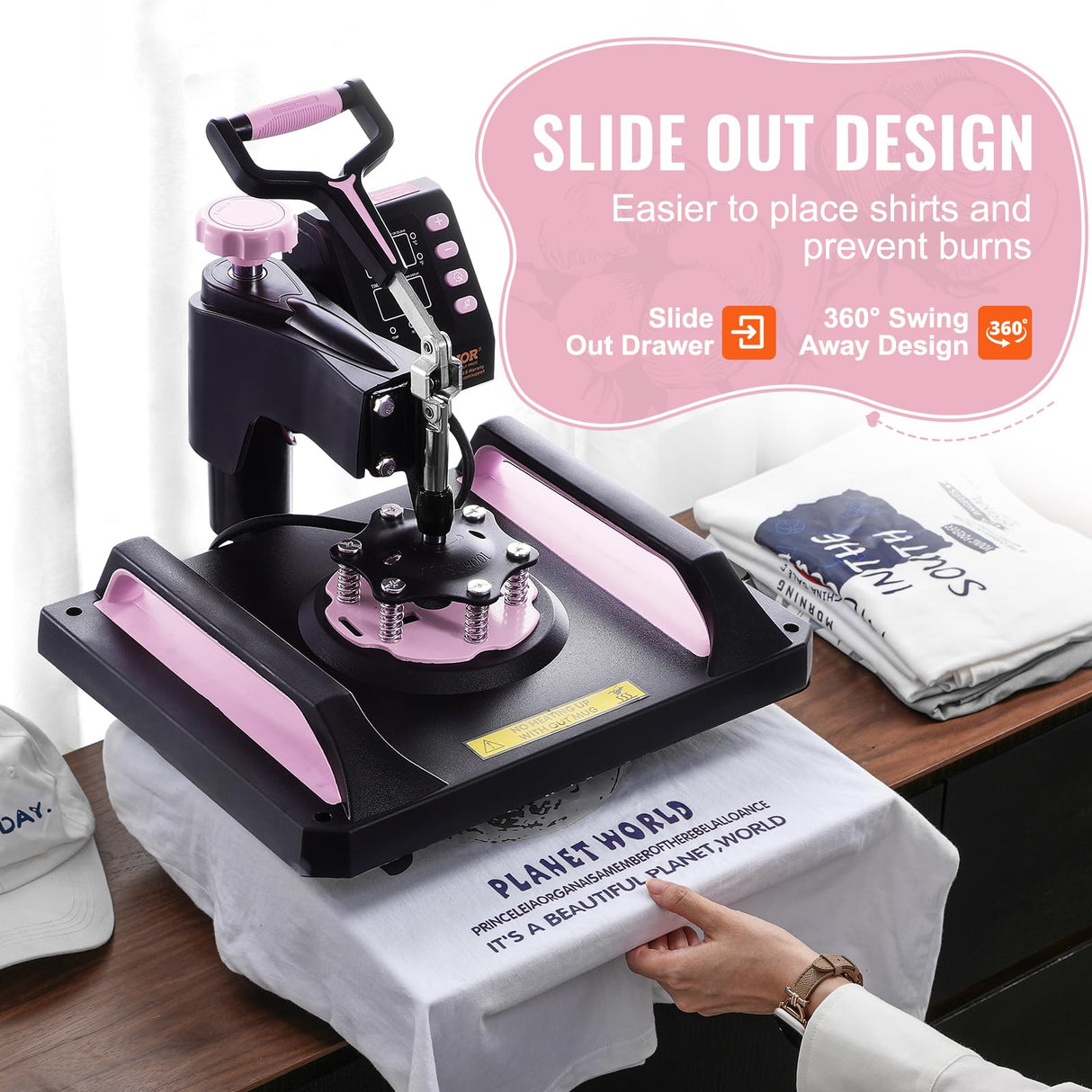 VEVOR 5 en 1 Máquina de Prensado por Calor con Prensa de Vaso de 887 ml, 290 x 380 mm, Prensa Térmico con Giro de 360° y Revestimiento de Teflón para Camiseta, Taza, Sombrero y Plato, Negro y Rosa