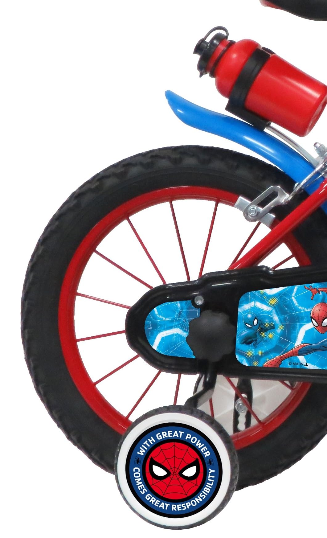 A.T.L.A.S. Bicicleta Infantil de 14 Pulgadas, Spiderman/Marvel Equipada con 2 Frenos, Placa Frontal Decorativa, Botella Trasera y Casco Spiderman Incluido!, Color Rojo idéntico a Las Fotos