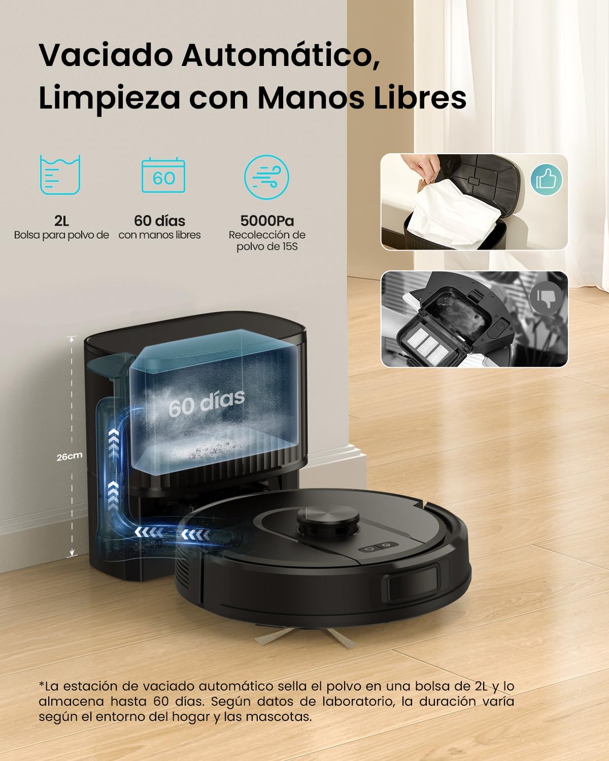 Vexilar Robot Aspirador y Fregasuelos W11 con Potente Succión 5000Pa, Robot Aspirador con Sistema de Navegación Láser Inteligente y Función de Mapeo Inteligente, Base Autovaciado, Negro