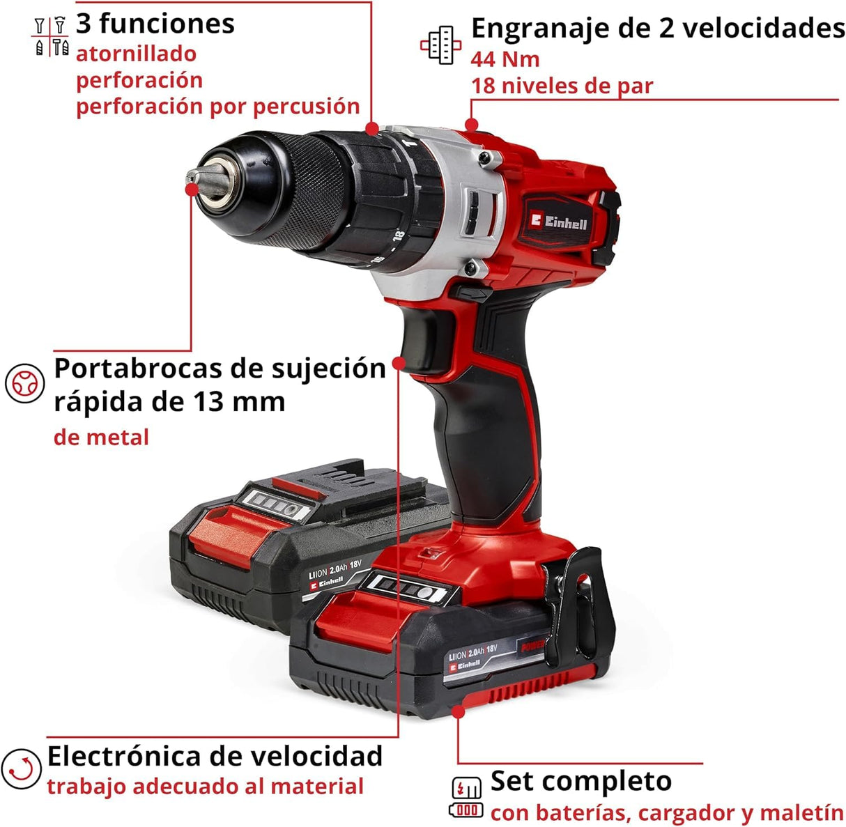 Taladro percutor con batería TE-CD 18/2 Li-i +64 PXC de Einhell (18 V, 44 Nm, engranaje de 2 veloc., incl. 2 baterías 2,0 Ah, cargador rápido, maletín y set de acces. de 64 piezas)