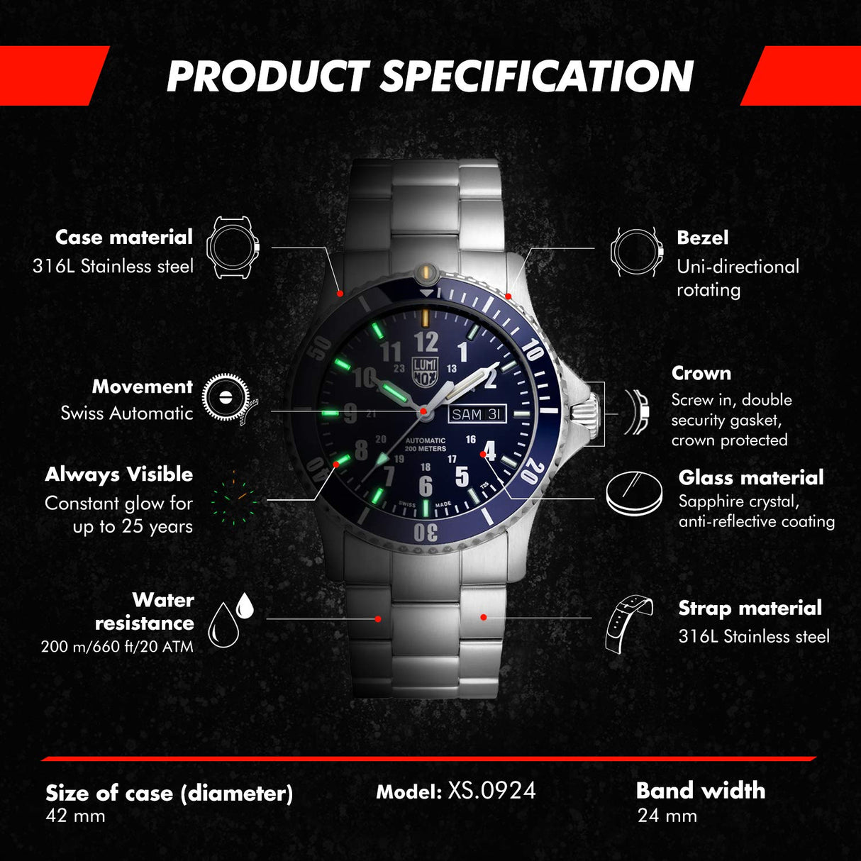 Luminox Reloj Analógico para Hombres de Automático con Correa en Acero Inoxidable XS.0924