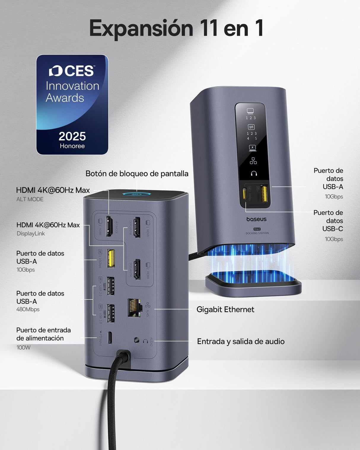 Baseus Spacemate Displaylink Docking Station USB C, 11 en 1, 3 Monitor 4K, 10Gbps USB-C/A, PD 100W, Ethernet, Audio, para M1/M2/M3/Win y MacOS